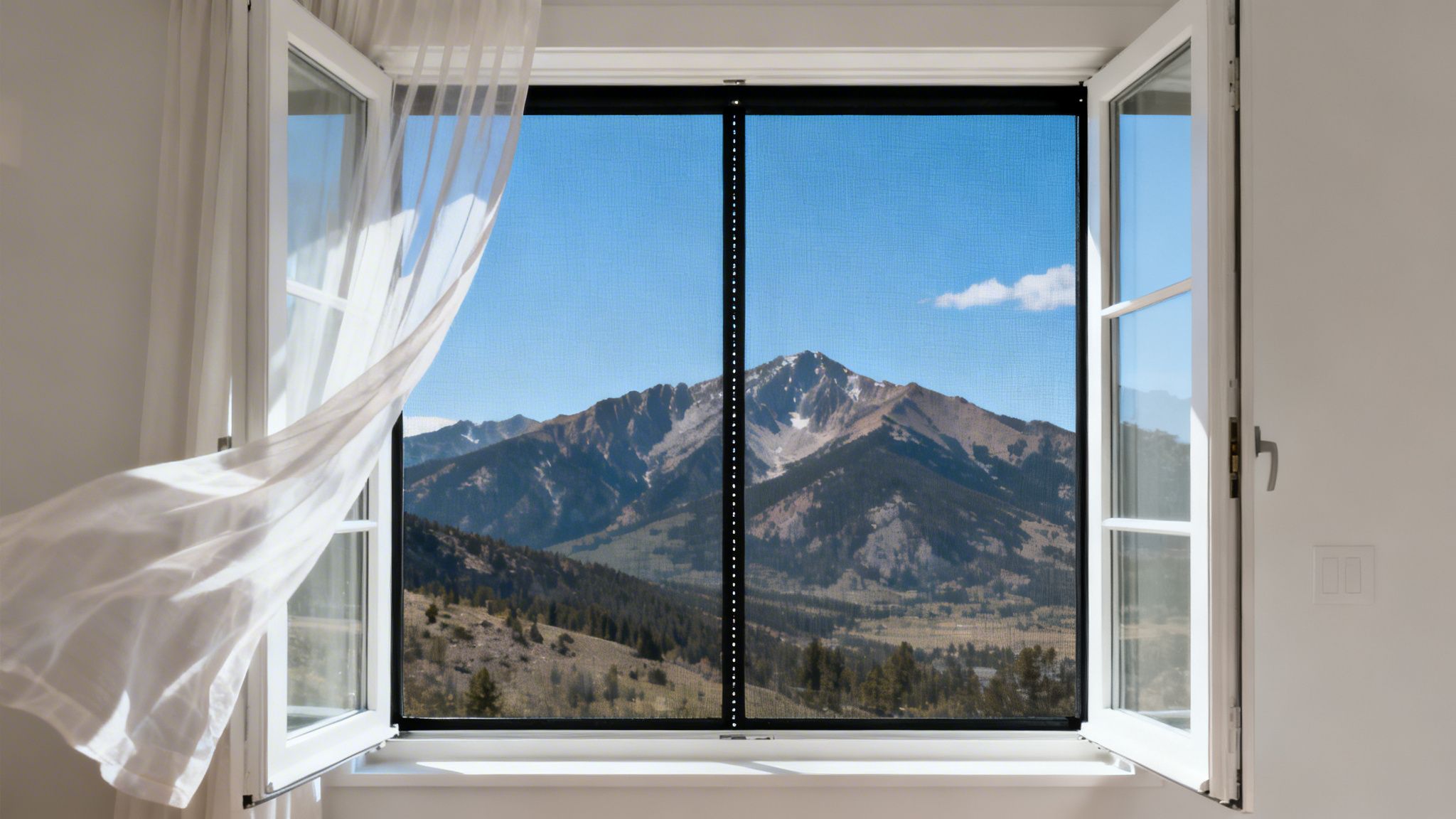 White sheer curtains gently blow through an open window, showcasing a scenic mountain view with an insect screen.