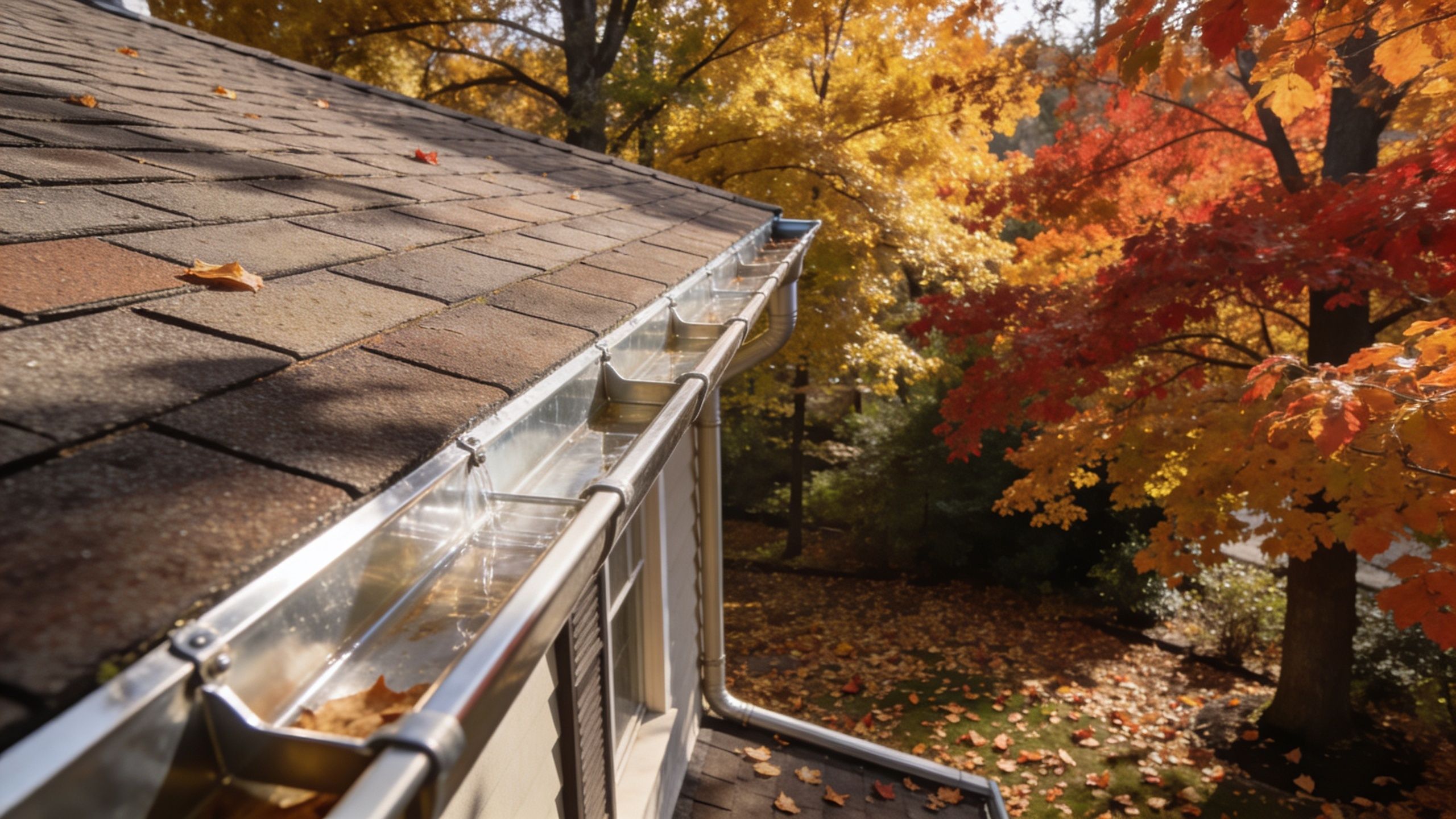A close-up view of a metal house gutter system filled with autumn leaves near the roofline.