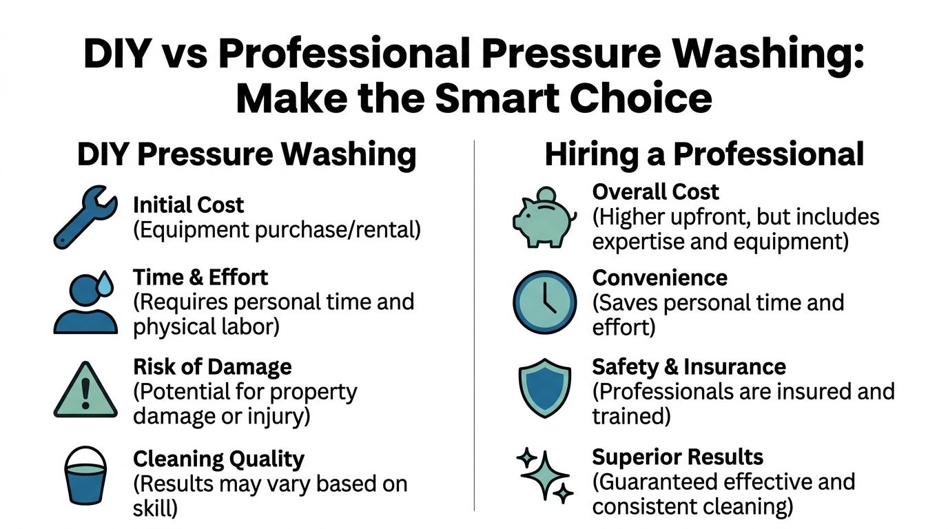 A comparative infographic highlighting the differences between DIY pressure washing and hiring a professional service.