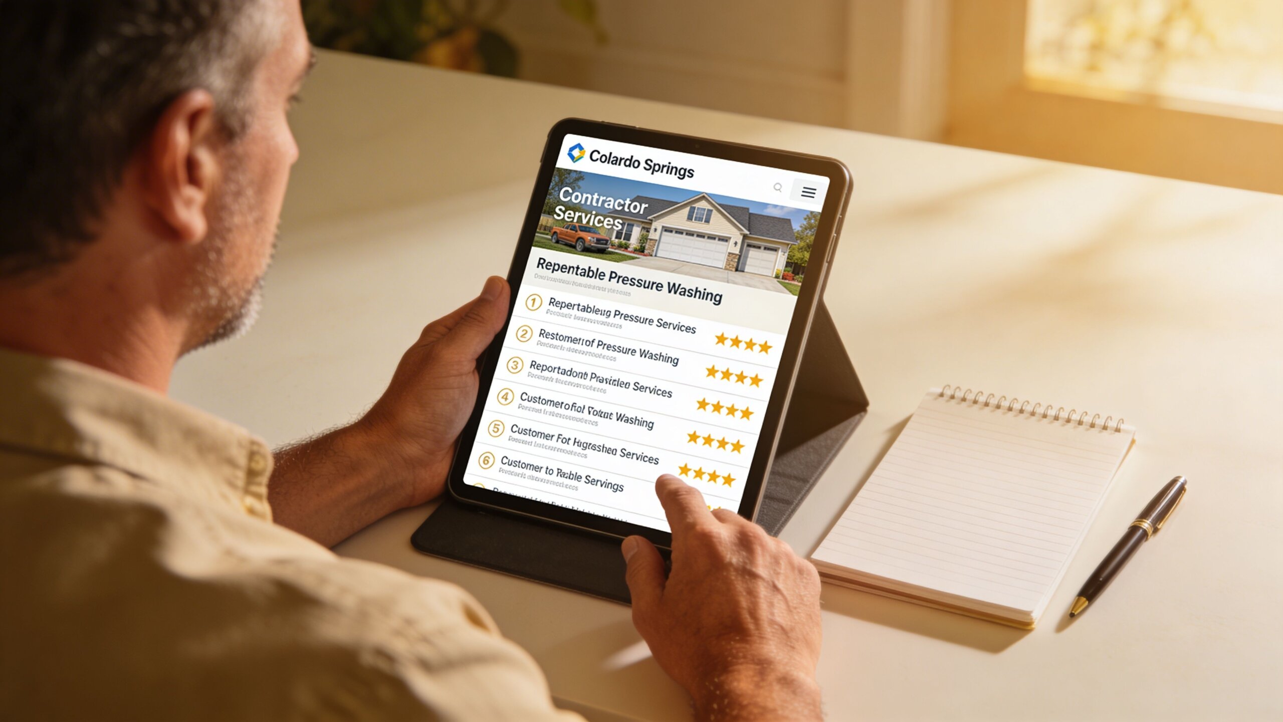 A man using a tablet to search for local pressure washing services in Colorado Springs on a website.