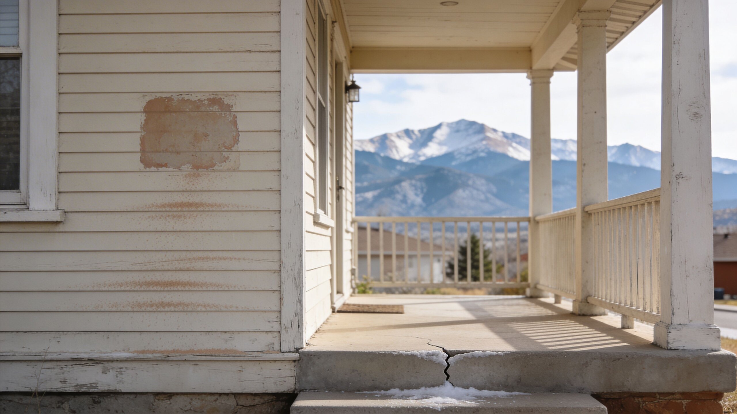 A weathered wooden house porch with peeling paint overlooking the snow-capped Rocky Mountains in Colorado Springs.