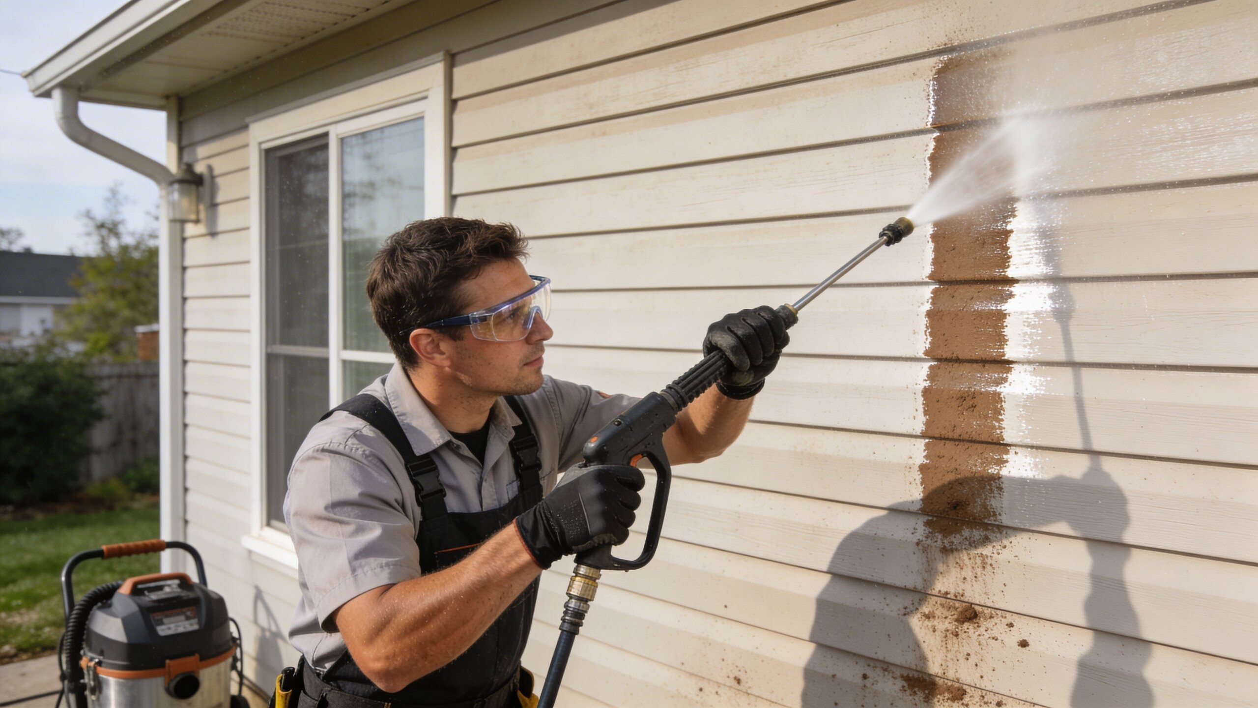 A professional technician wearing safety glasses and gloves uses a pressure washer on house siding.