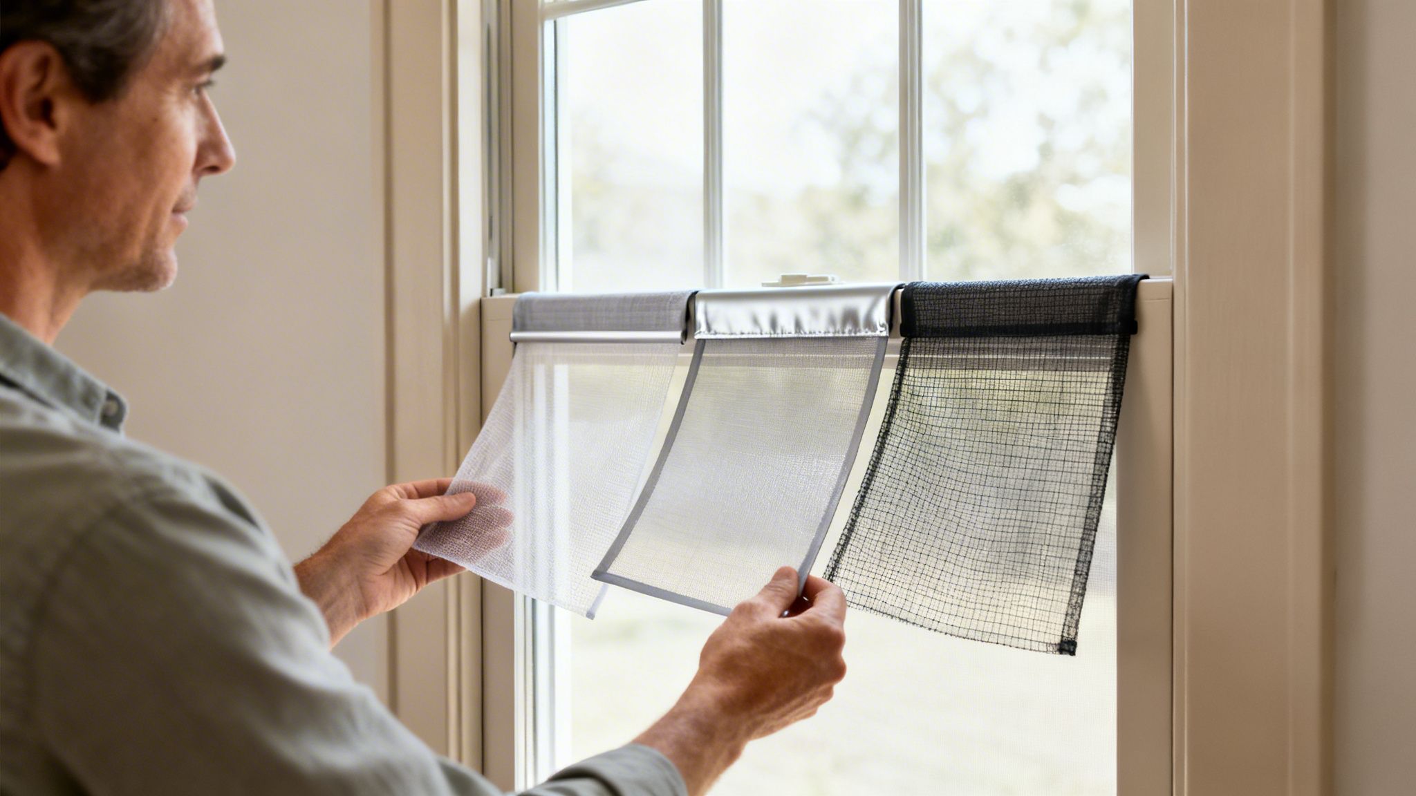 A man holds up various samples of window screening material with different opacities in front of a window.