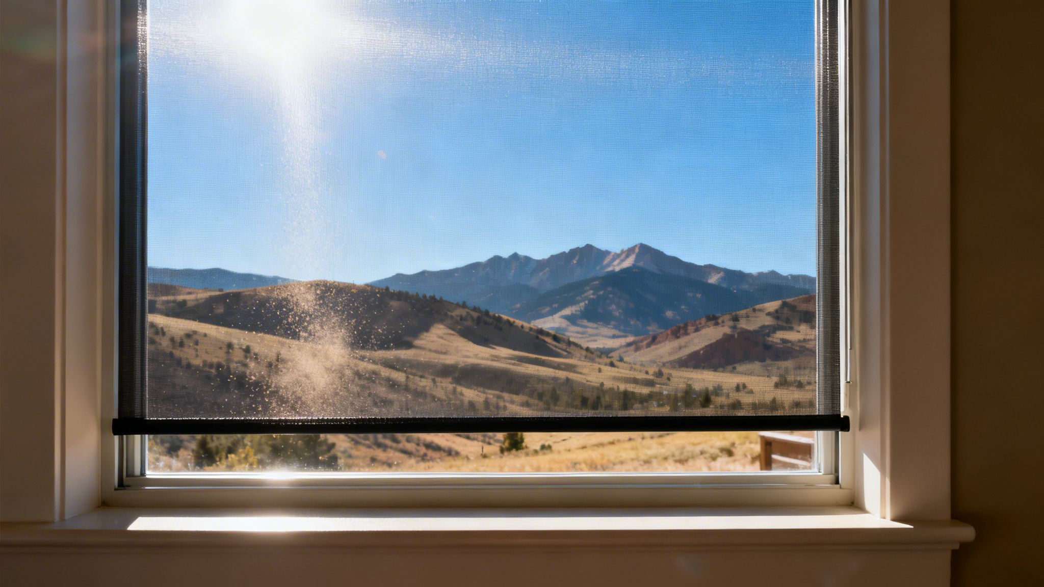 Sunlight streams through a window with a screen, highlighting dust particles against a backdrop of mountains and a blue sky.