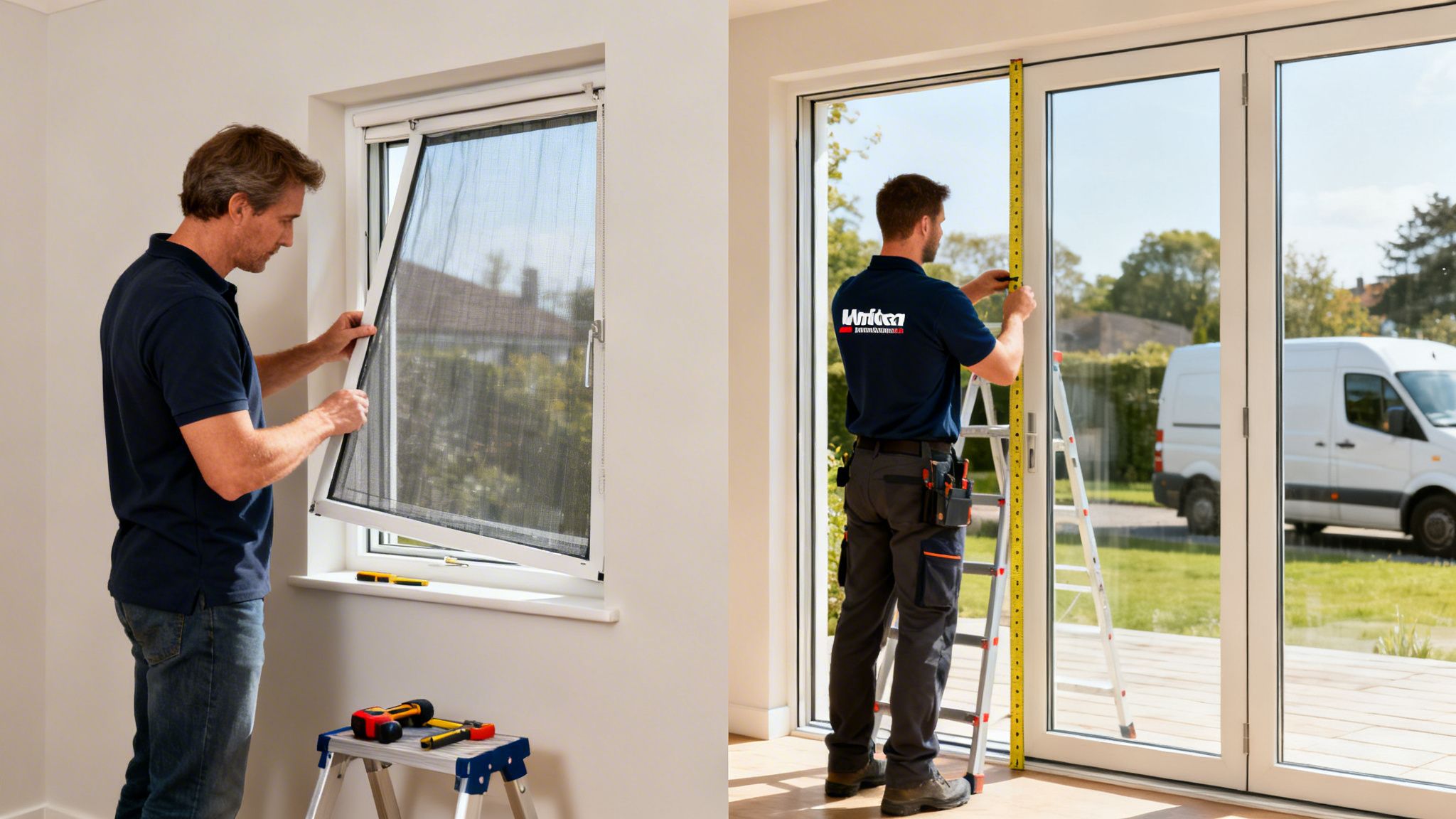 Professional installers fitting a window screen and measuring a large glass door for home improvement.