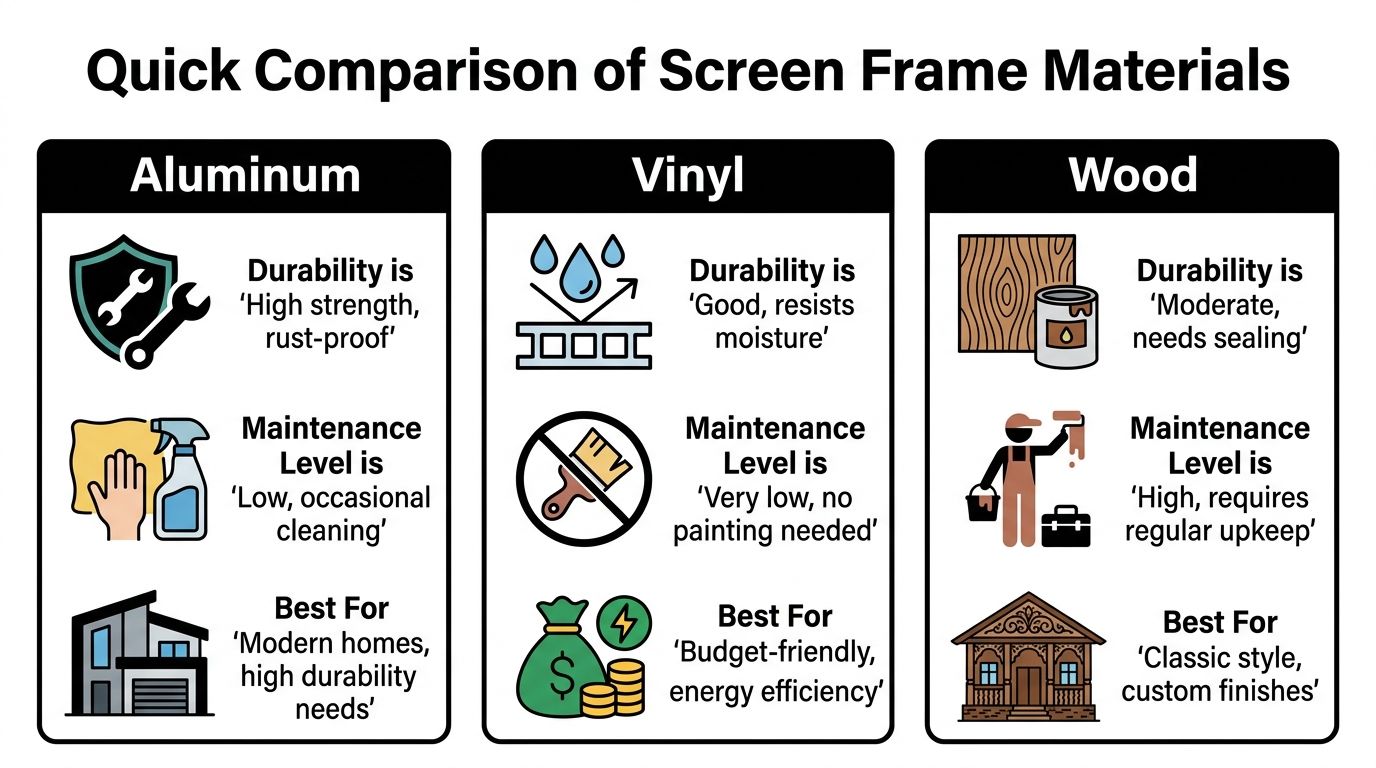 A comparison chart showing characteristics of aluminum, vinyl, and wood screen window frame materials for home use.