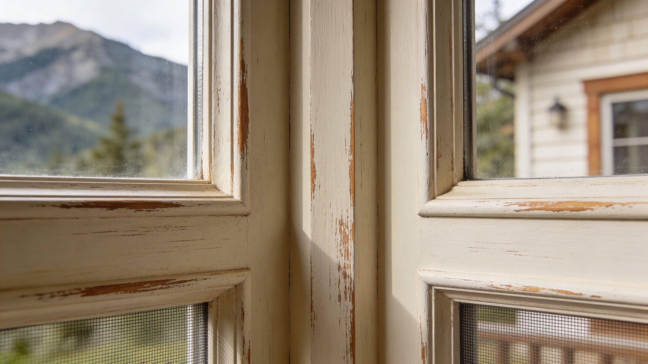 A close-up view of a distressed white wooden window frame with a screen, showing natural wood grain.