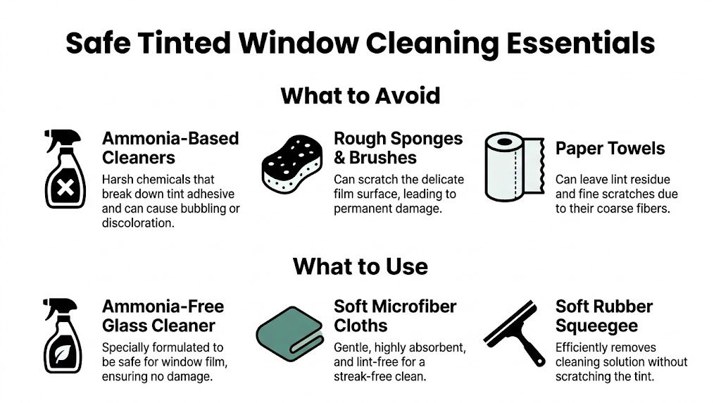 A helpful infographic outlining the safe and unsafe cleaning supplies for automotive or home tinted window film.
