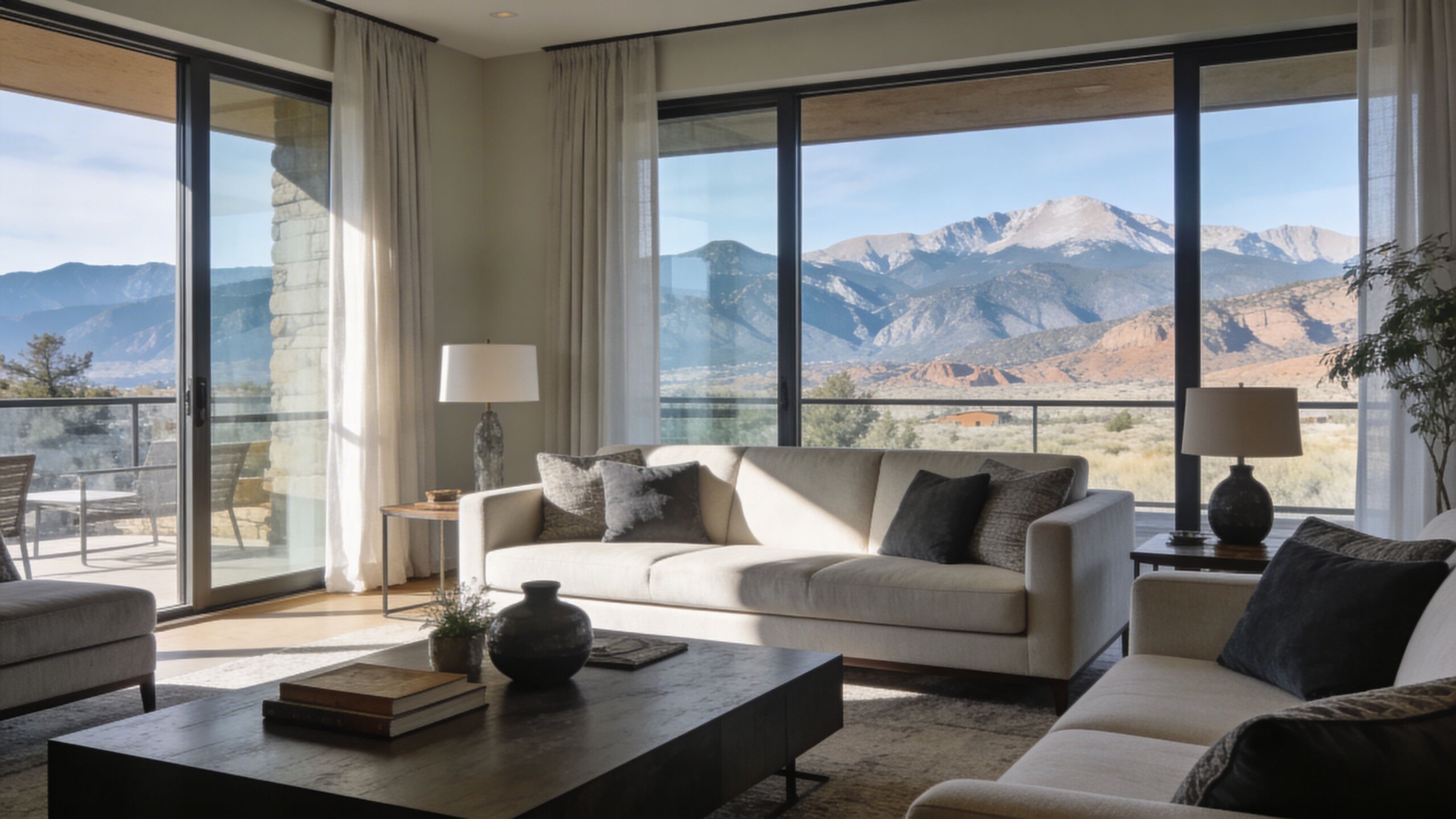A sophisticated living room with a neutral sofa, large windows, and a scenic mountain view outside.
