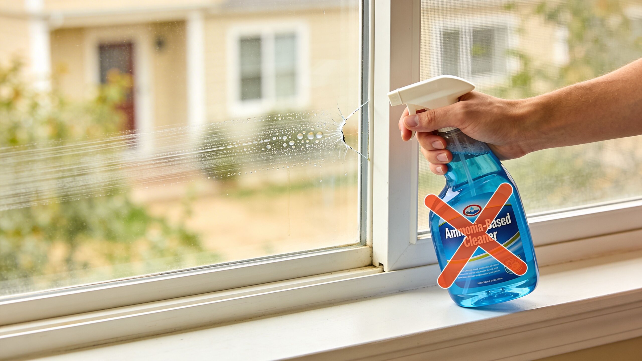 A hand spraying ammonia-based cleaner on a tinted window with a large red X indicating it is incorrect.