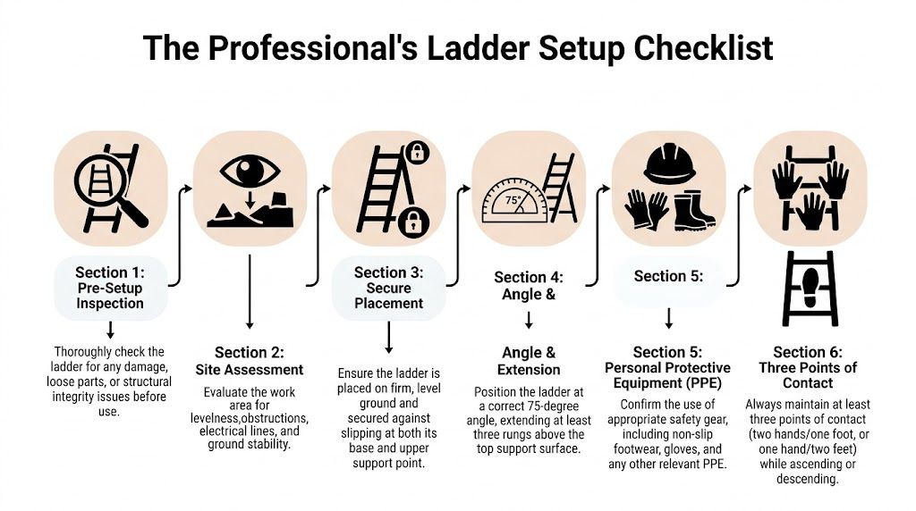 An infographic showing a six-step safety checklist for setting up a ladder for professional use.