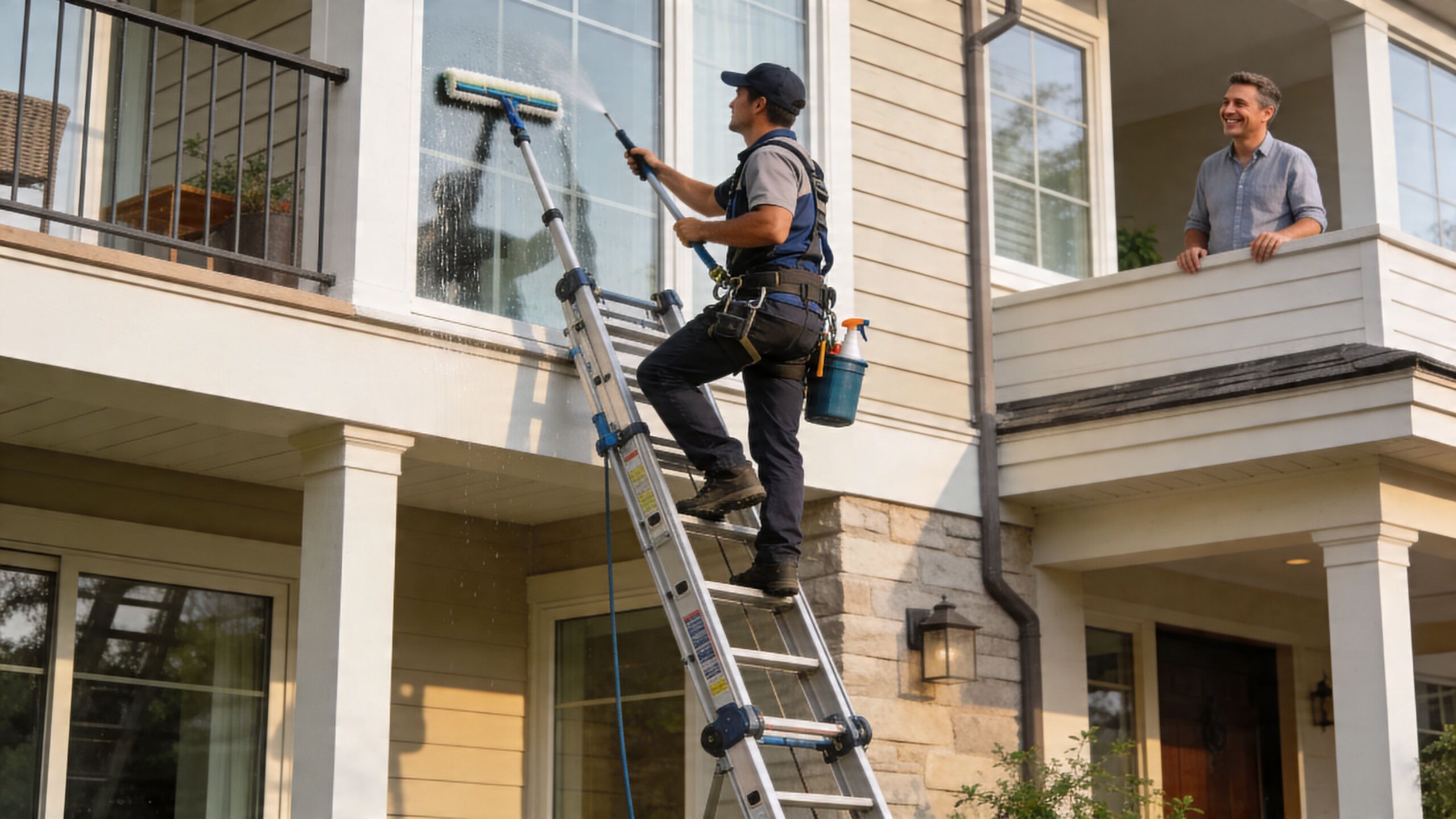 A professional window cleaner uses a long pole on a ladder to clean a house balcony window.