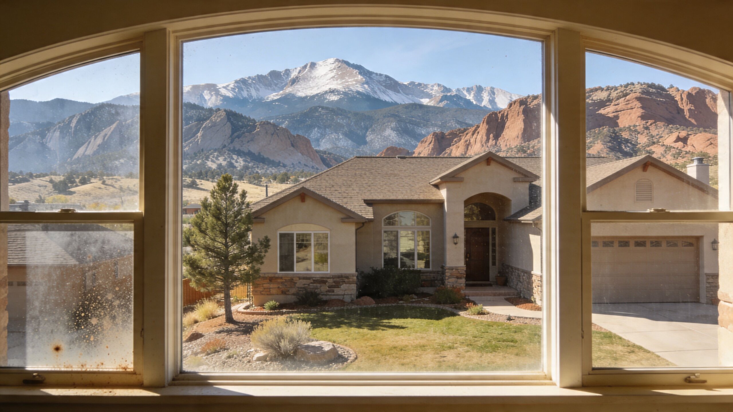 View of a suburban house with a scenic mountain backdrop seen through a dirty window frame.