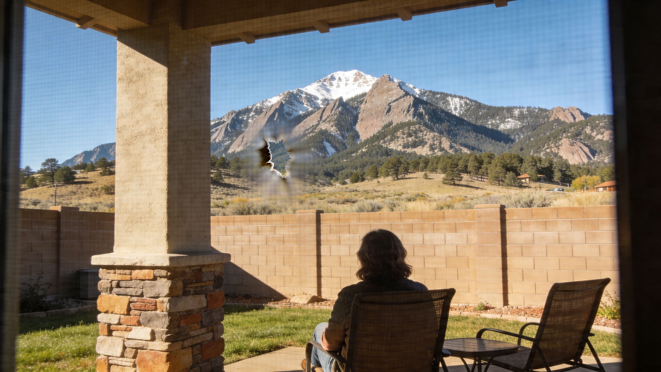 A person sitting on a patio looking out at snow-capped mountains through a damaged window screen.