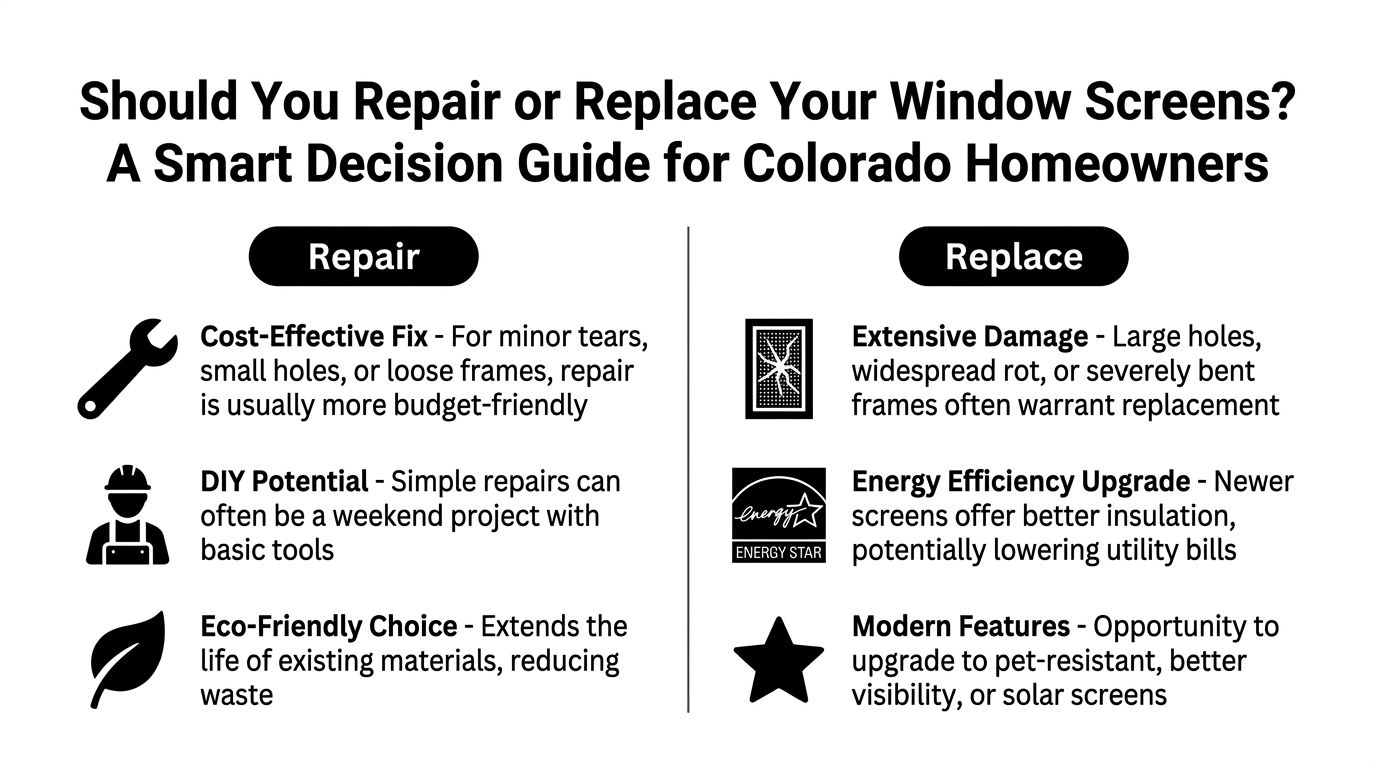 A decision guide for Colorado homeowners comparing the benefits of repairing versus replacing window screens.