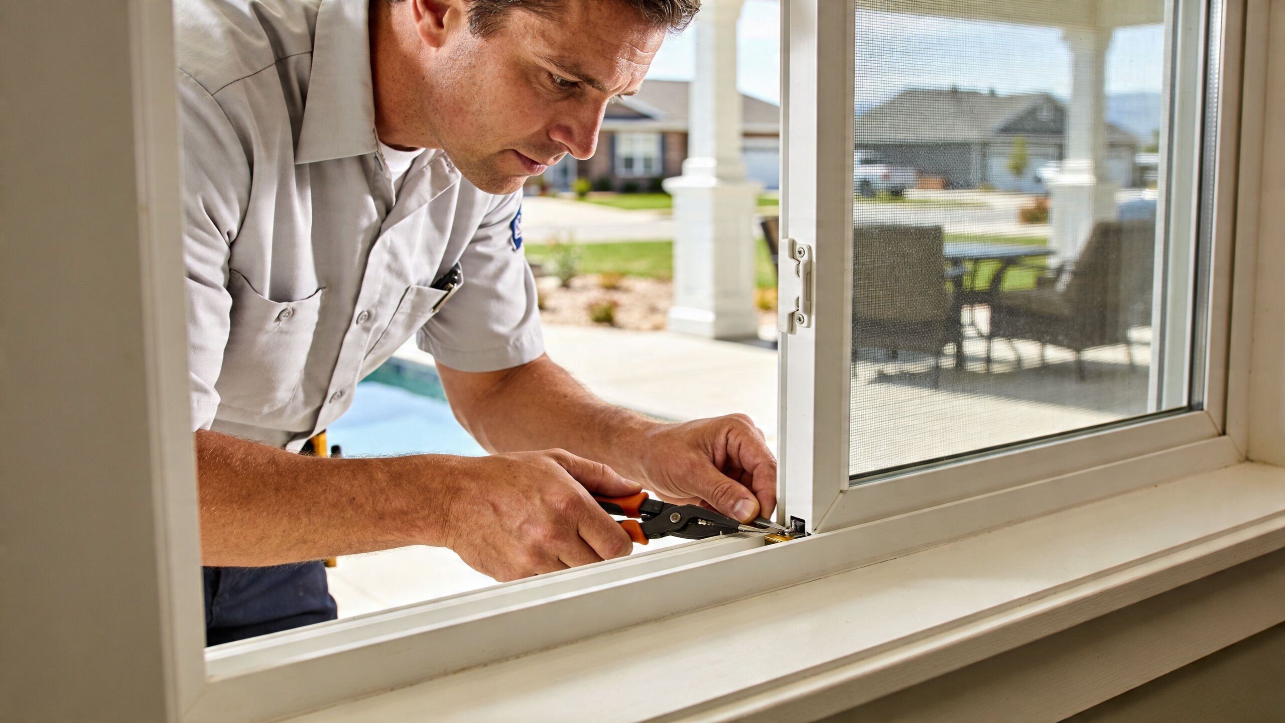 A professional technician carefully repairing a sliding window screen using pliers to adjust the frame components.