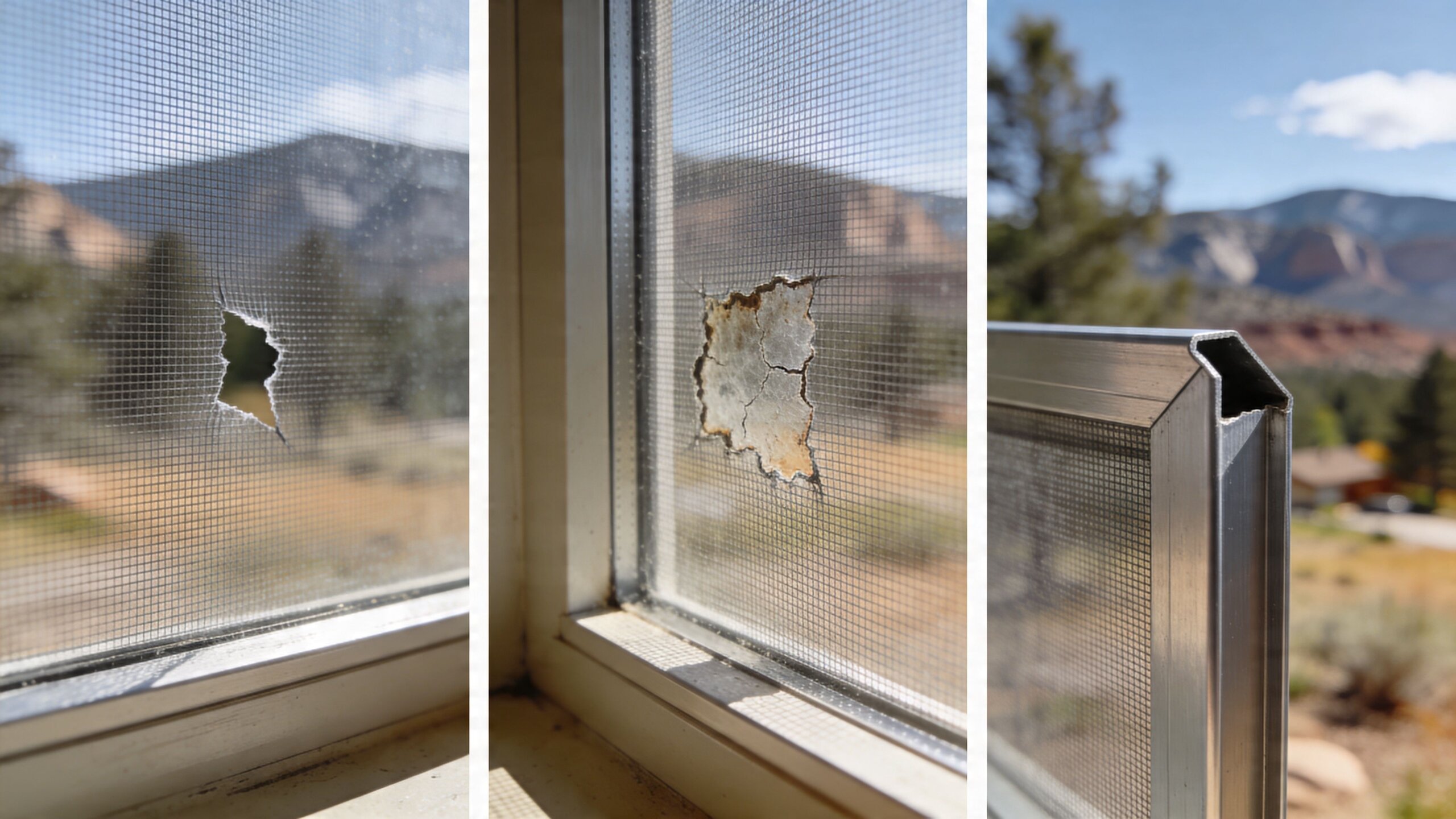 A triptych showing damaged window screens and an aluminum frame used for window screen repair services.