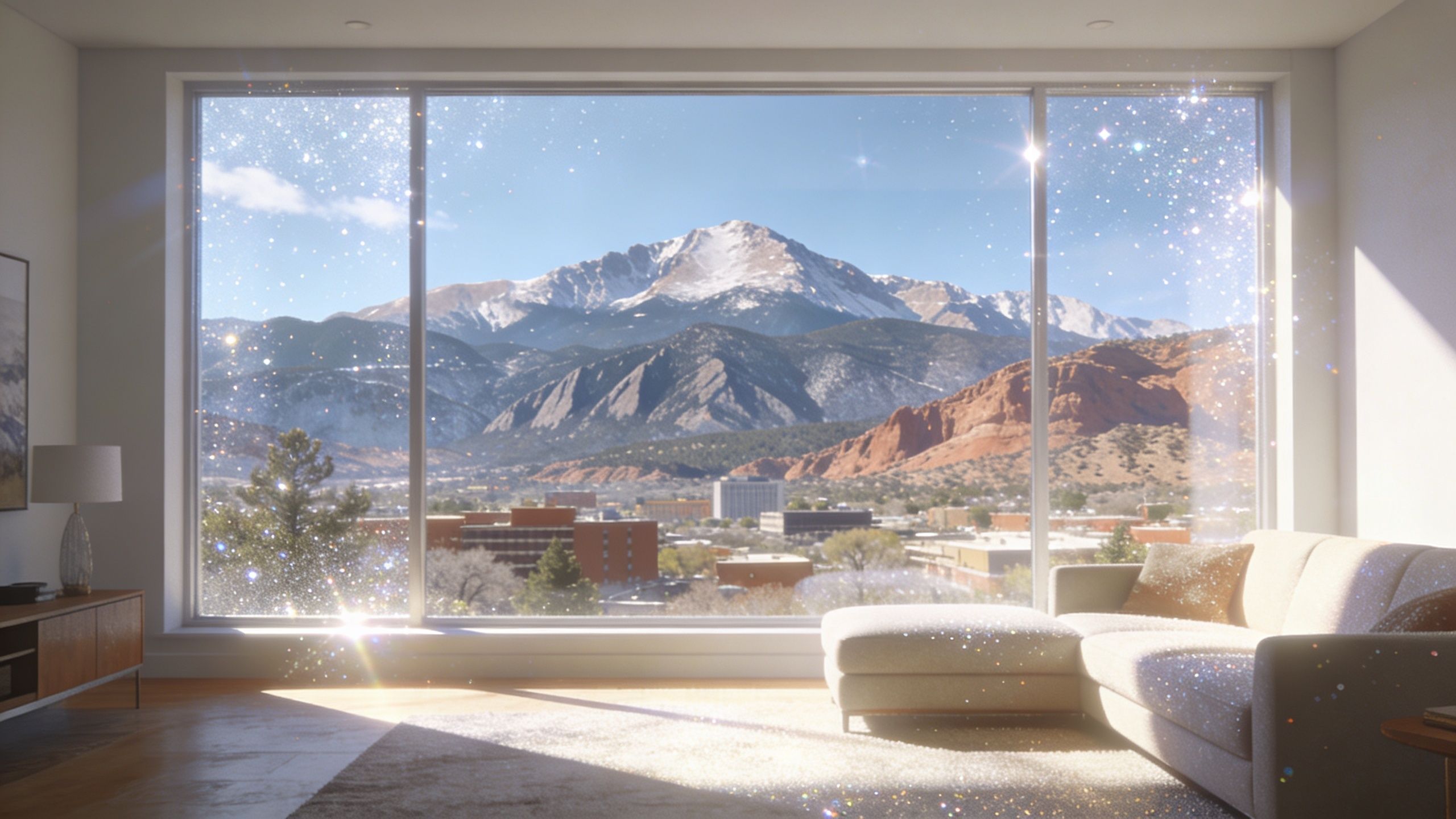 A modern living room overlooking the scenic Rocky Mountains in Colorado Springs, Colorado through a clean window.