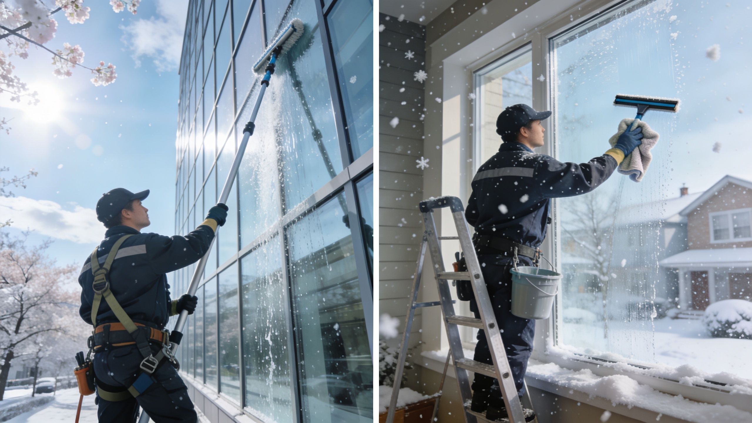 A professional cleaner uses a long pole and a ladder to wash exterior building windows in winter.