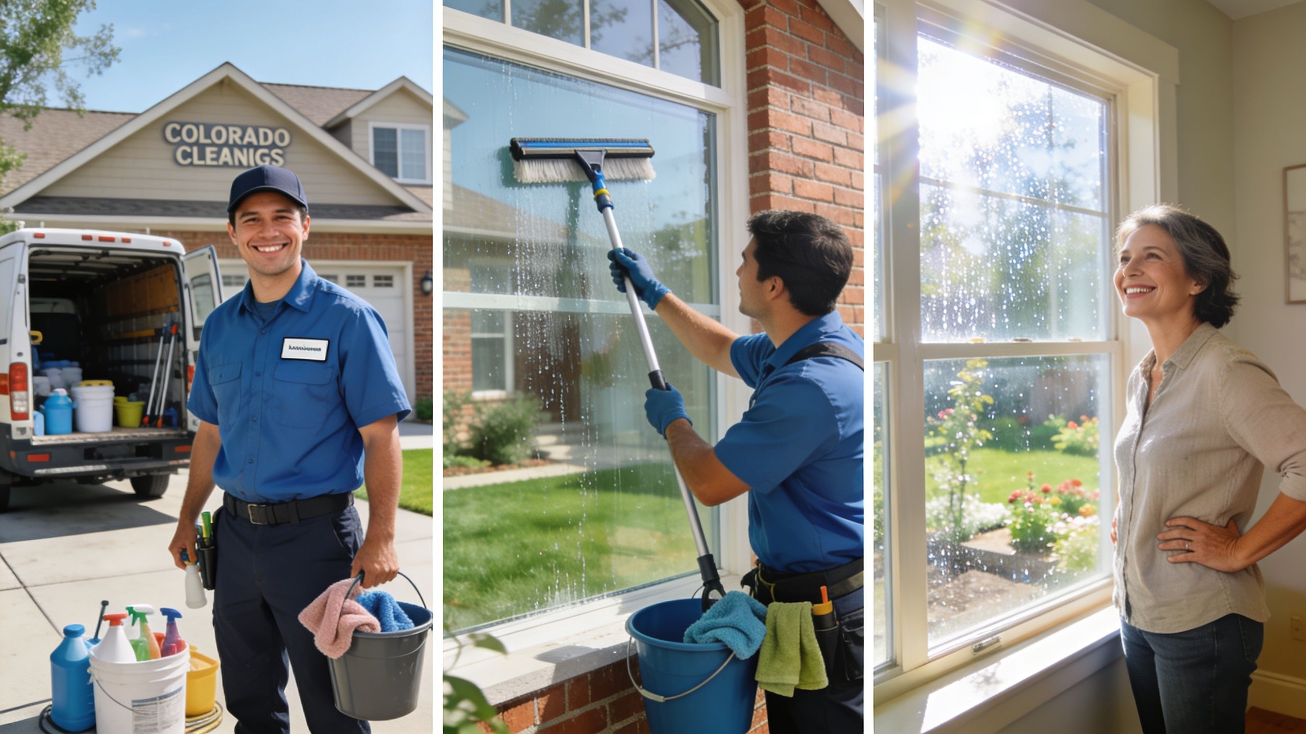 A professional window cleaner from Colorado Cleanings serves a happy customer at her bright suburban home.