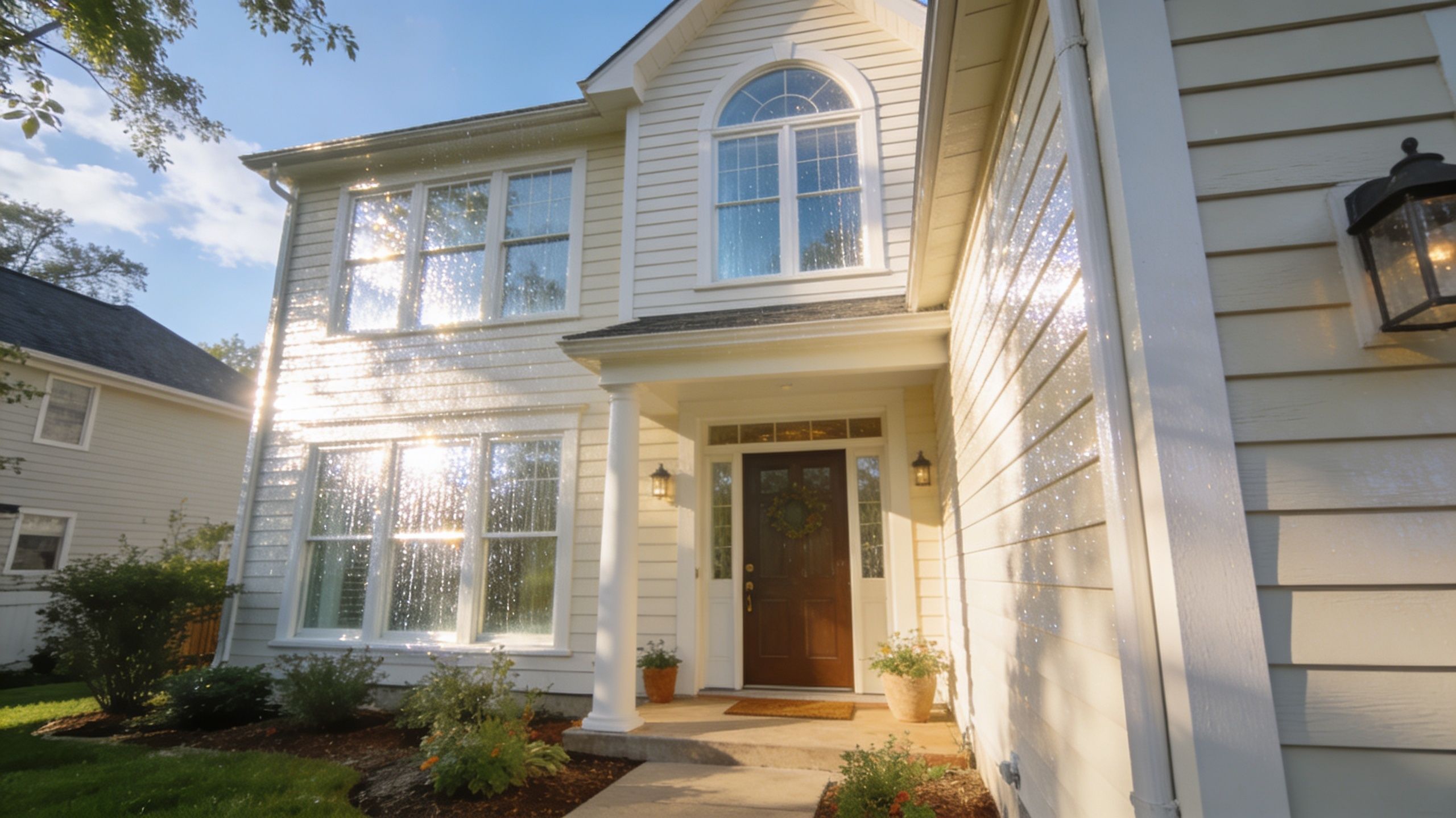 A clean, two-story light yellow house featuring sparkling, freshly cleaned windows and a well-maintained front entrance.