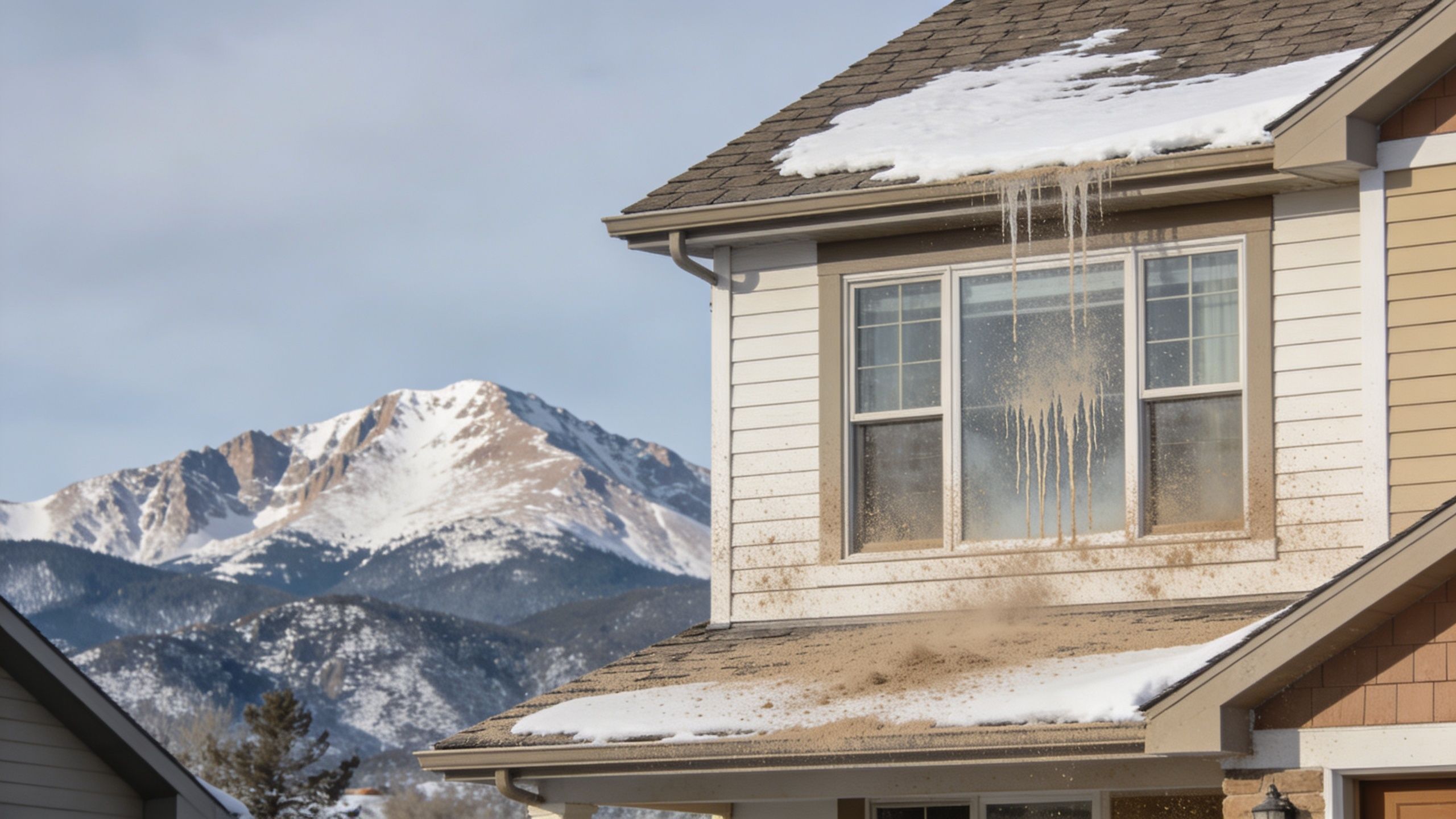 A house exterior featuring dirty windows with mud streaks and icicles under a snowy roof with mountains.