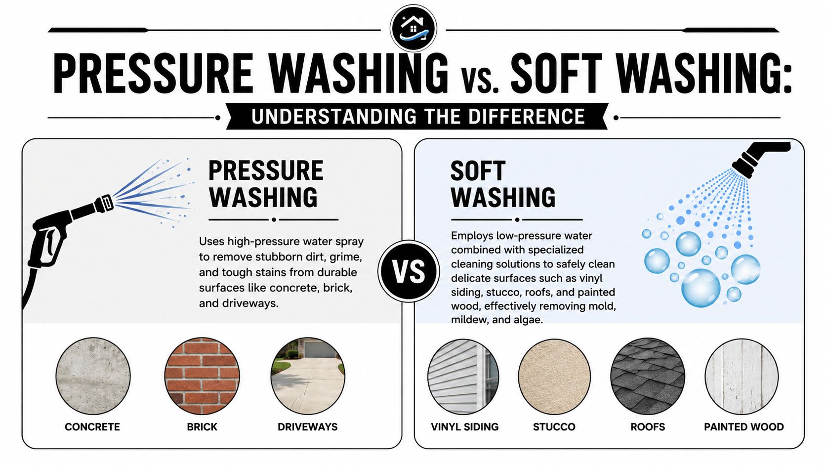 An infographic comparing pressure washing for tough surfaces versus soft washing for delicate home exterior surfaces.