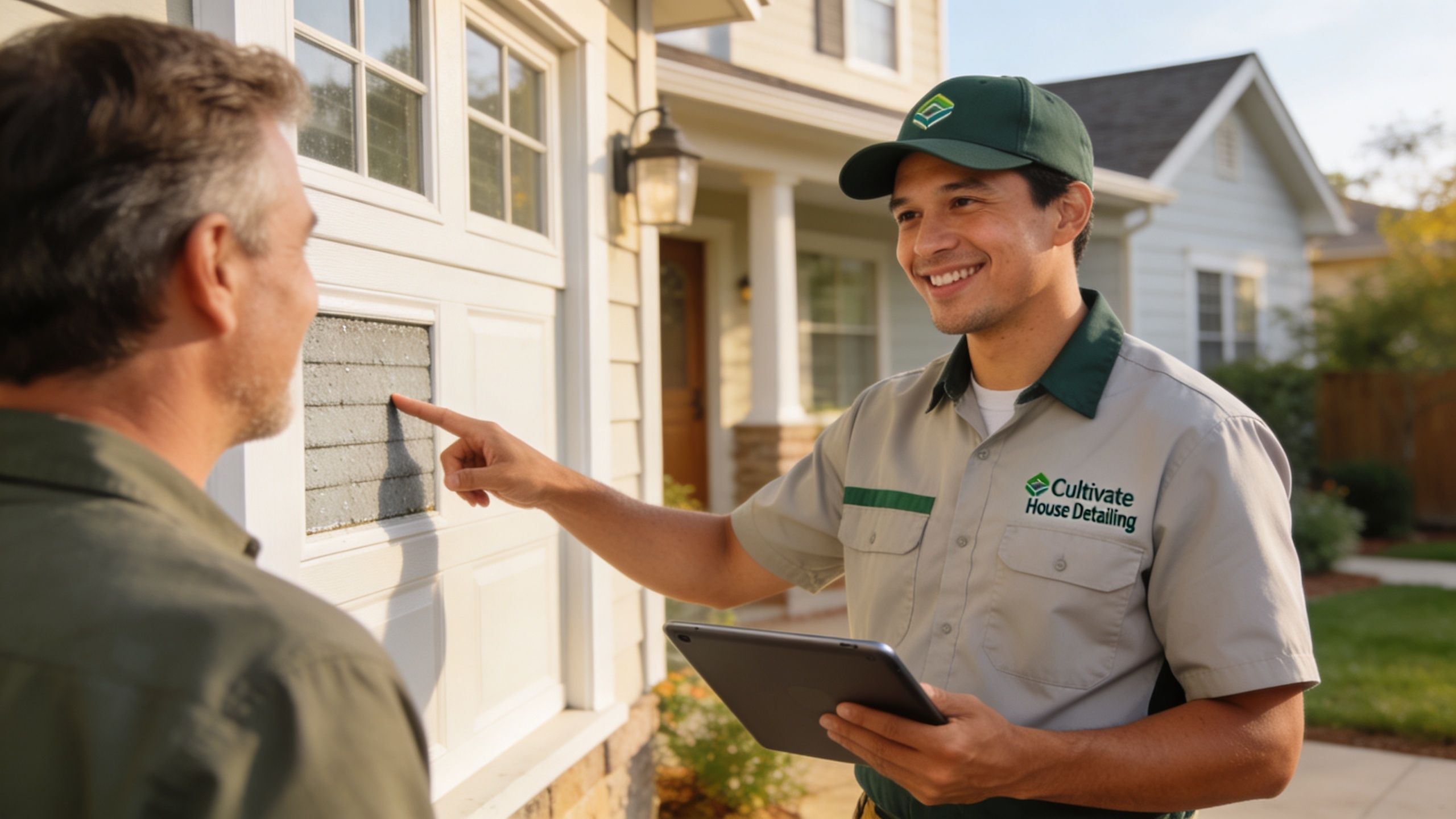 A smiling service technician in a uniform showing a house section to a client while holding tablet.