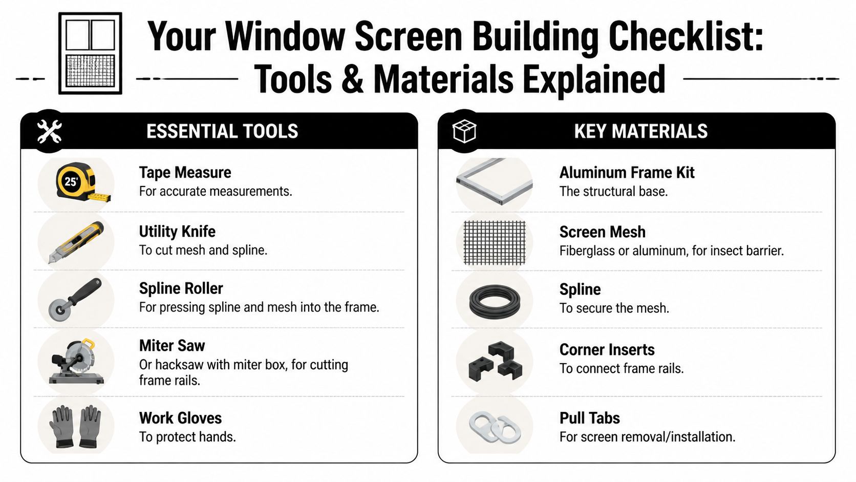 A checklist infographic titled Your Window Screen Building Checklist listing essential tools and key materials for DIY screens.
