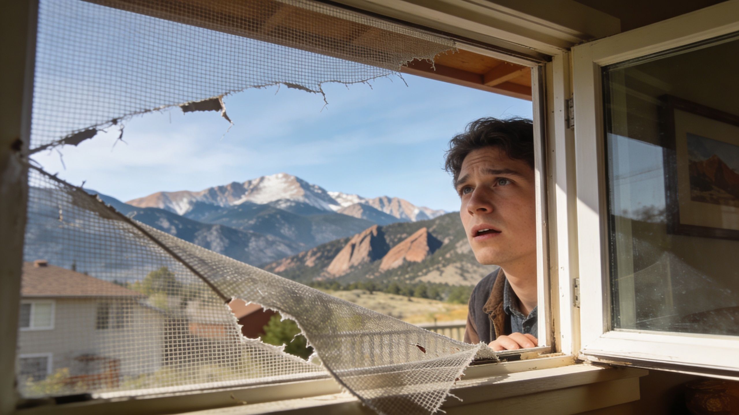 A young man looking out through a broken window screen at a scenic mountain landscape view.