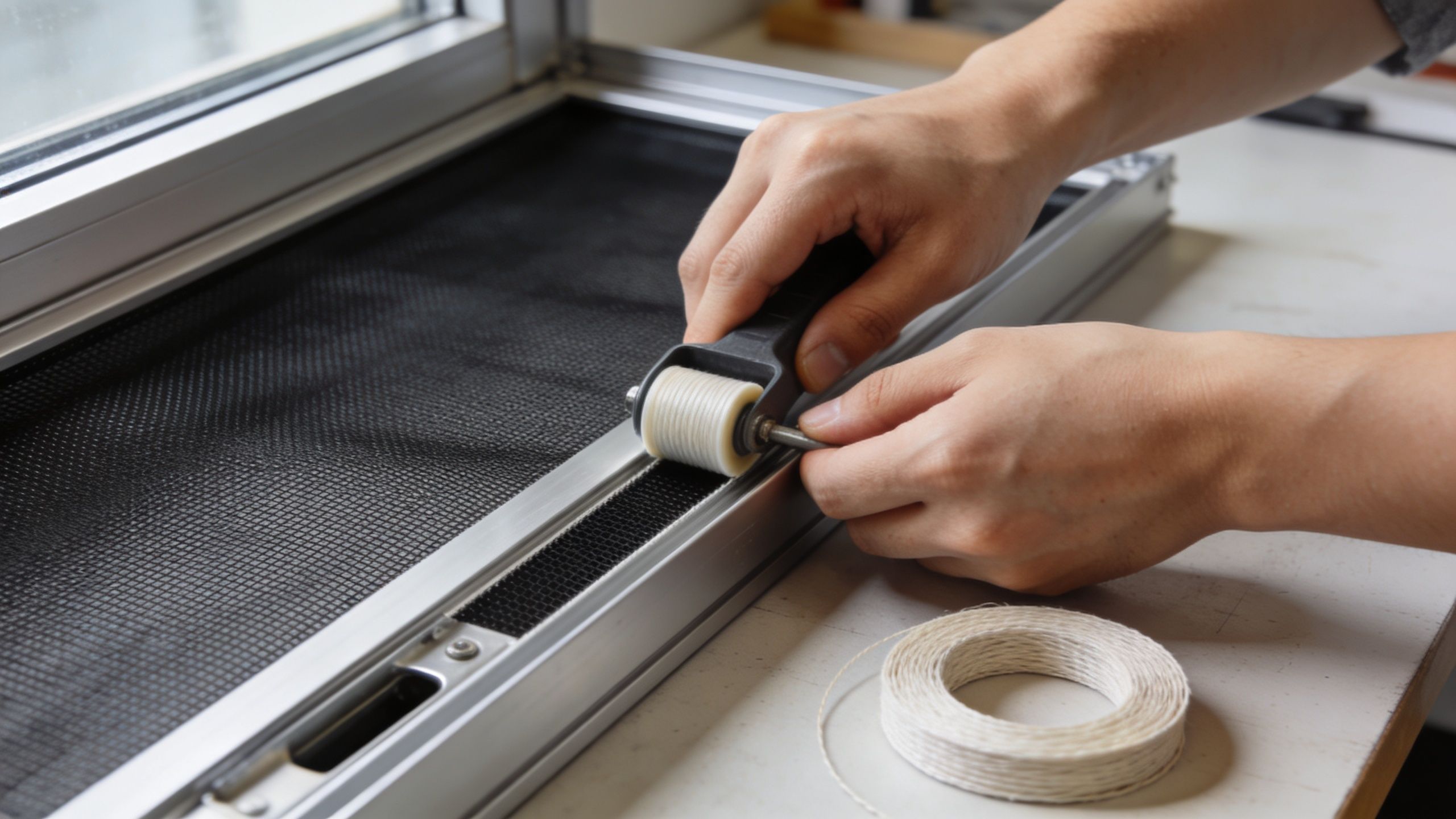 A person using a screen installation tool to secure netting into an aluminum window frame.