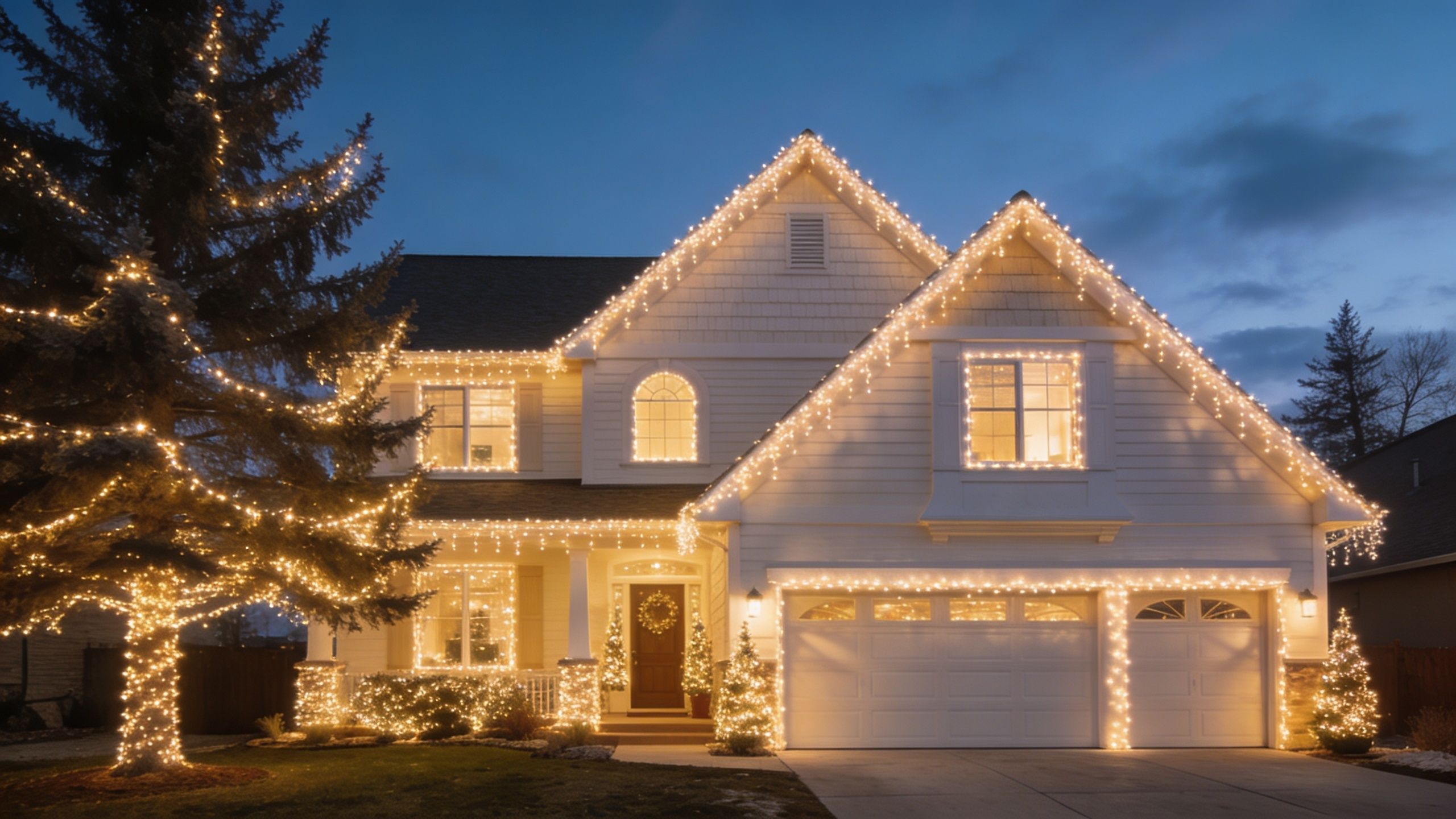 A large suburban home decorated with warm white Christmas lights at dusk in a suburban neighborhood.