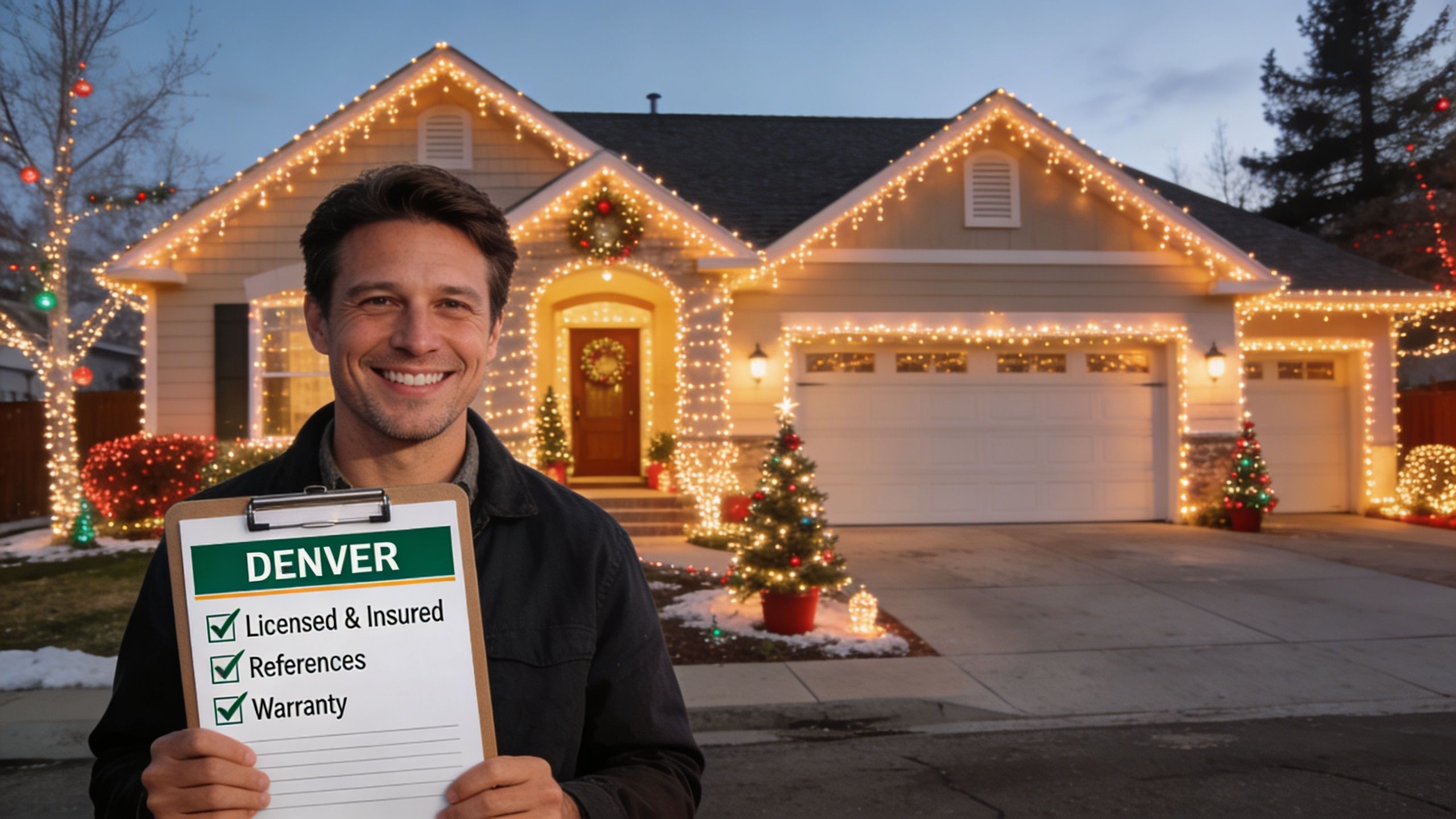 A professional service provider holding a clipboard in front of a house decorated with bright Christmas lights.