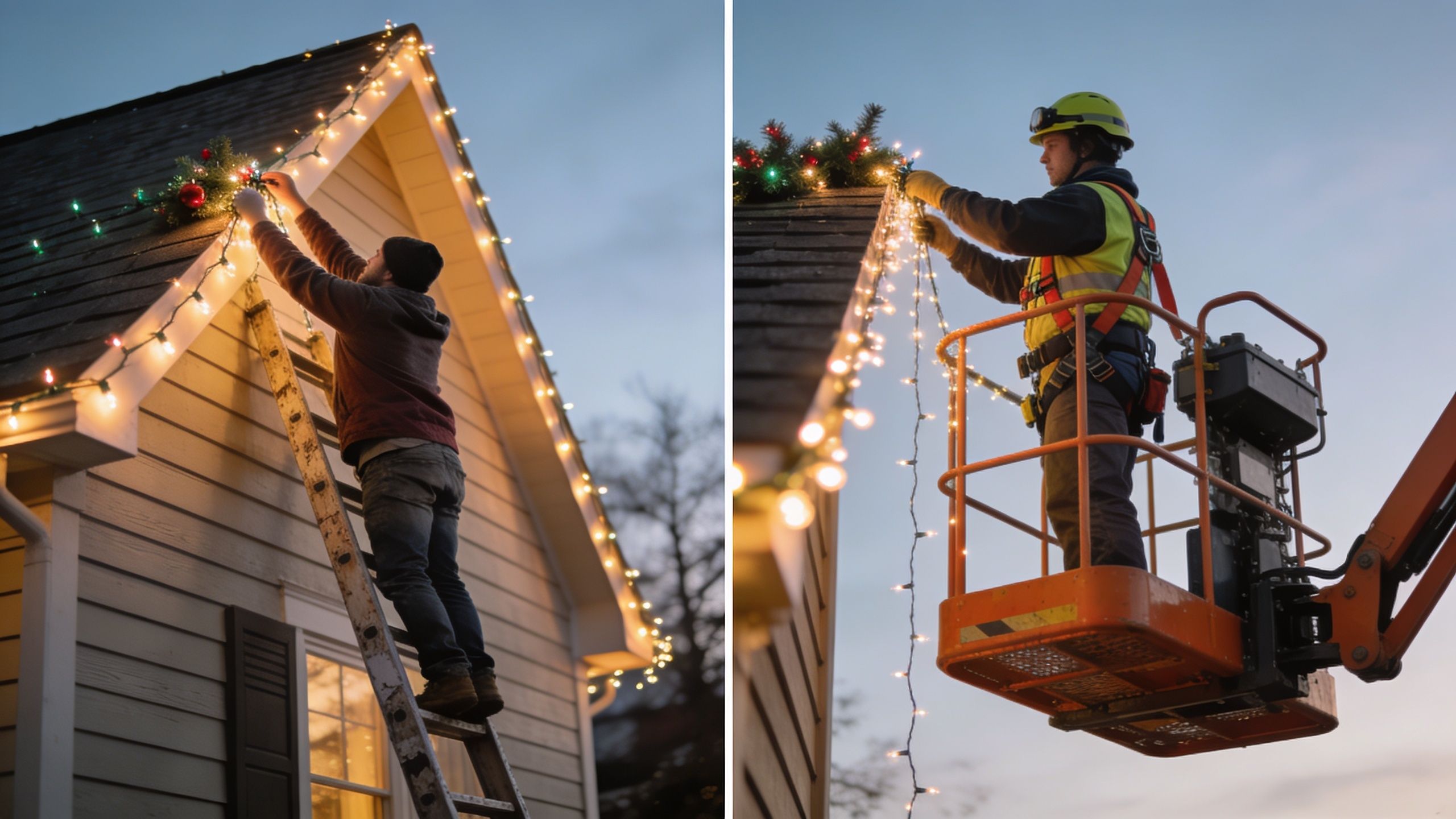 A split-screen view showing two men using ladders and a bucket lift to install Christmas lights.