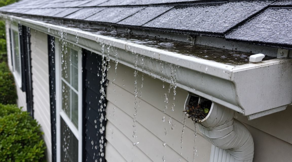 Rainwater overflowing from a clogged white rain gutter on the side of a house during a storm.