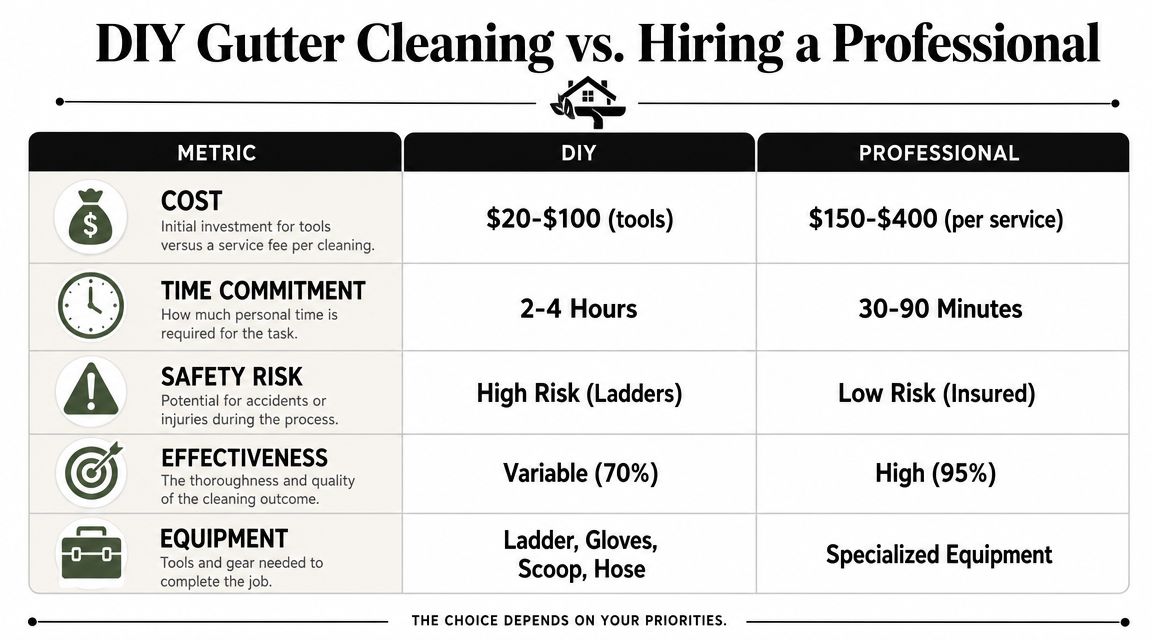 A comparison chart outlining the pros and cons of cleaning gutters yourself versus hiring a professional service.
