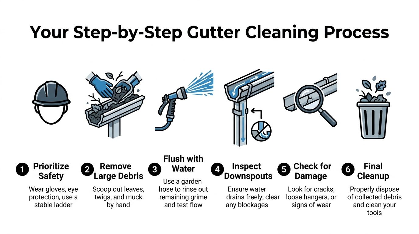 A six-step infographic illustrating the proper process for cleaning residential gutters safely and effectively.