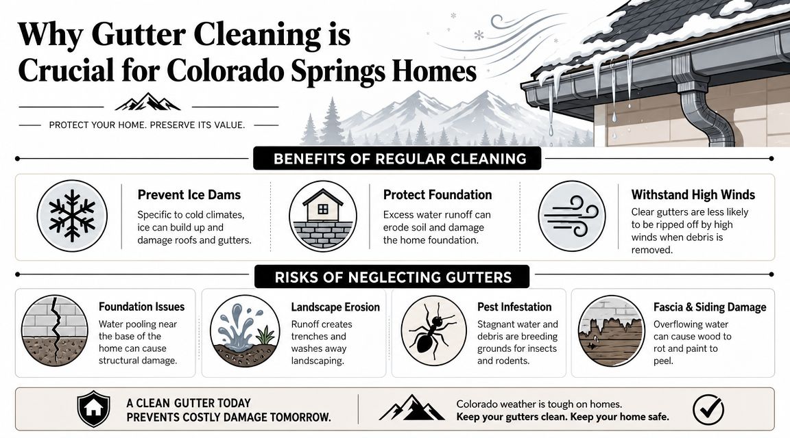 An infographic detailing the benefits of cleaning gutters and the risks of neglect for Colorado Springs homes.