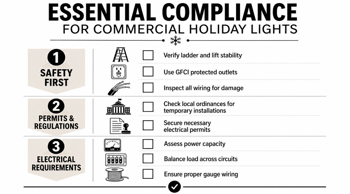 A checklist infographic outlining essential safety, regulatory, and electrical requirements for installing commercial holiday lighting systems.