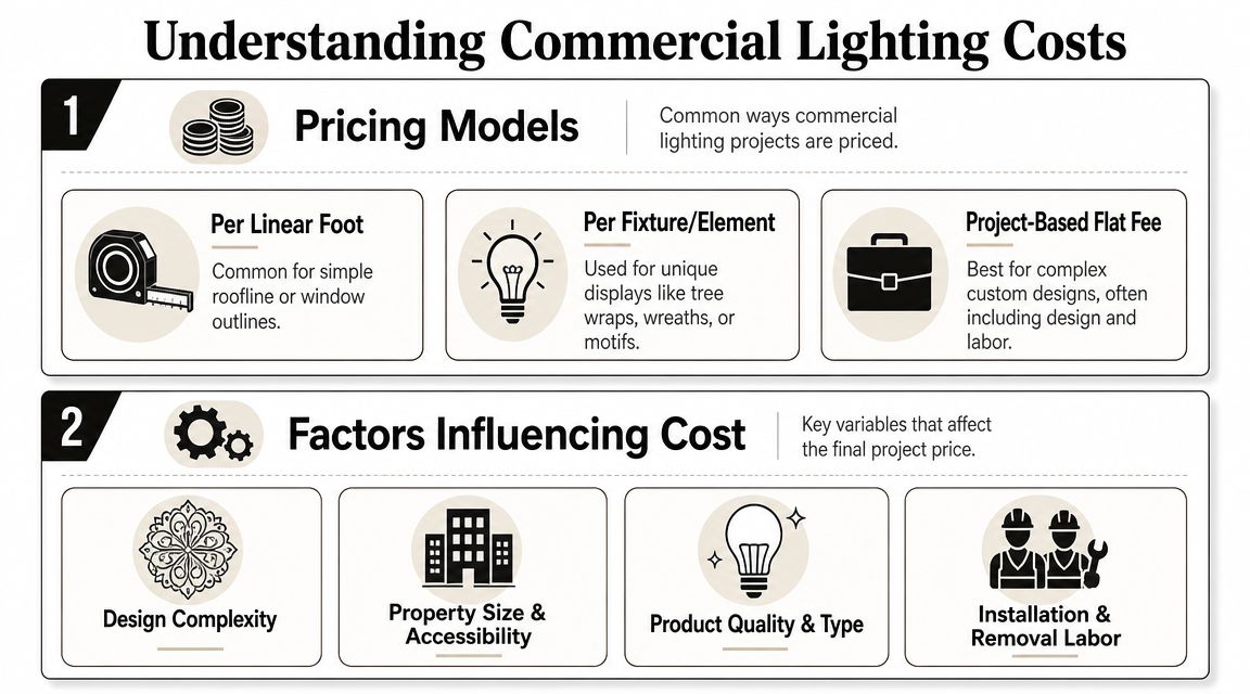 An infographic titled Understanding Commercial Lighting Costs outlining pricing models and factors influencing project expenses.