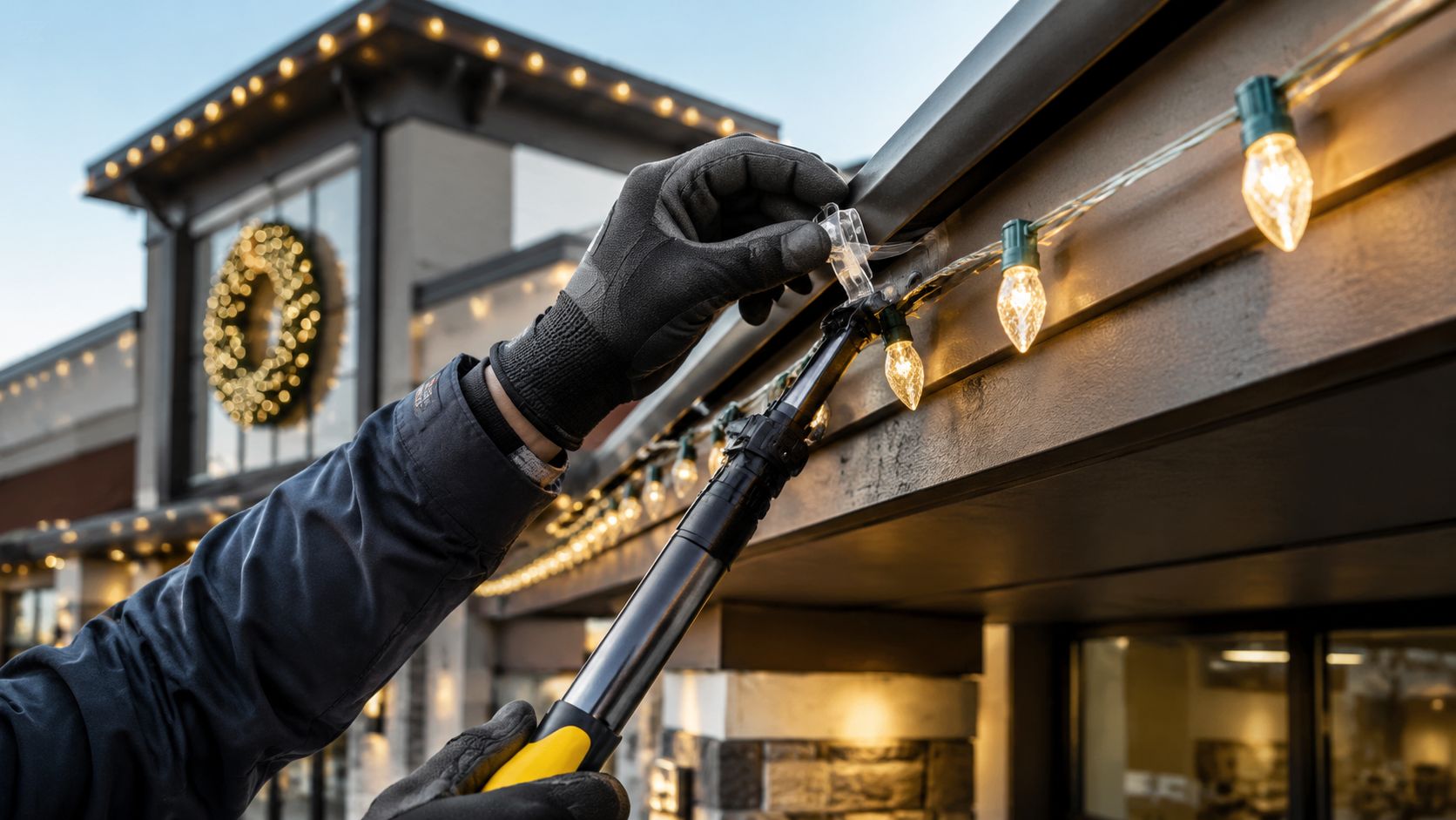 A person wearing gloves using a pole to install decorative Christmas lights on a commercial building roofline.