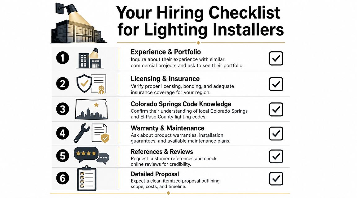 A six-point checklist for hiring commercial outdoor lighting installers with icons for each step.