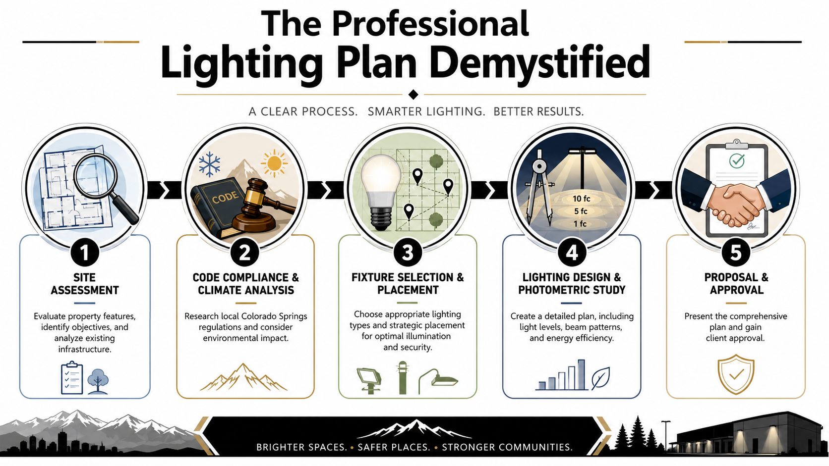 A five-step infographic showing the professional commercial outdoor lighting installation process from assessment to final approval.