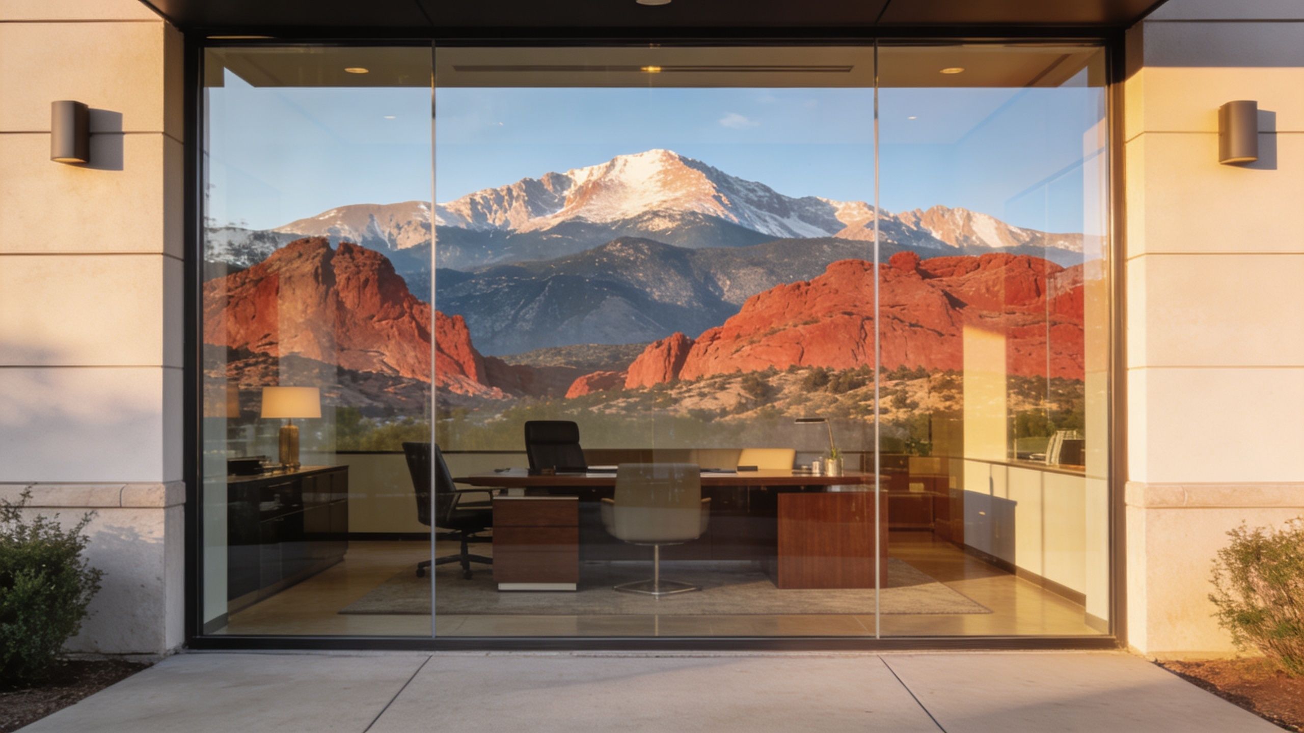 A modern executive office interior seen through a large glass window with mountain landscape reflections