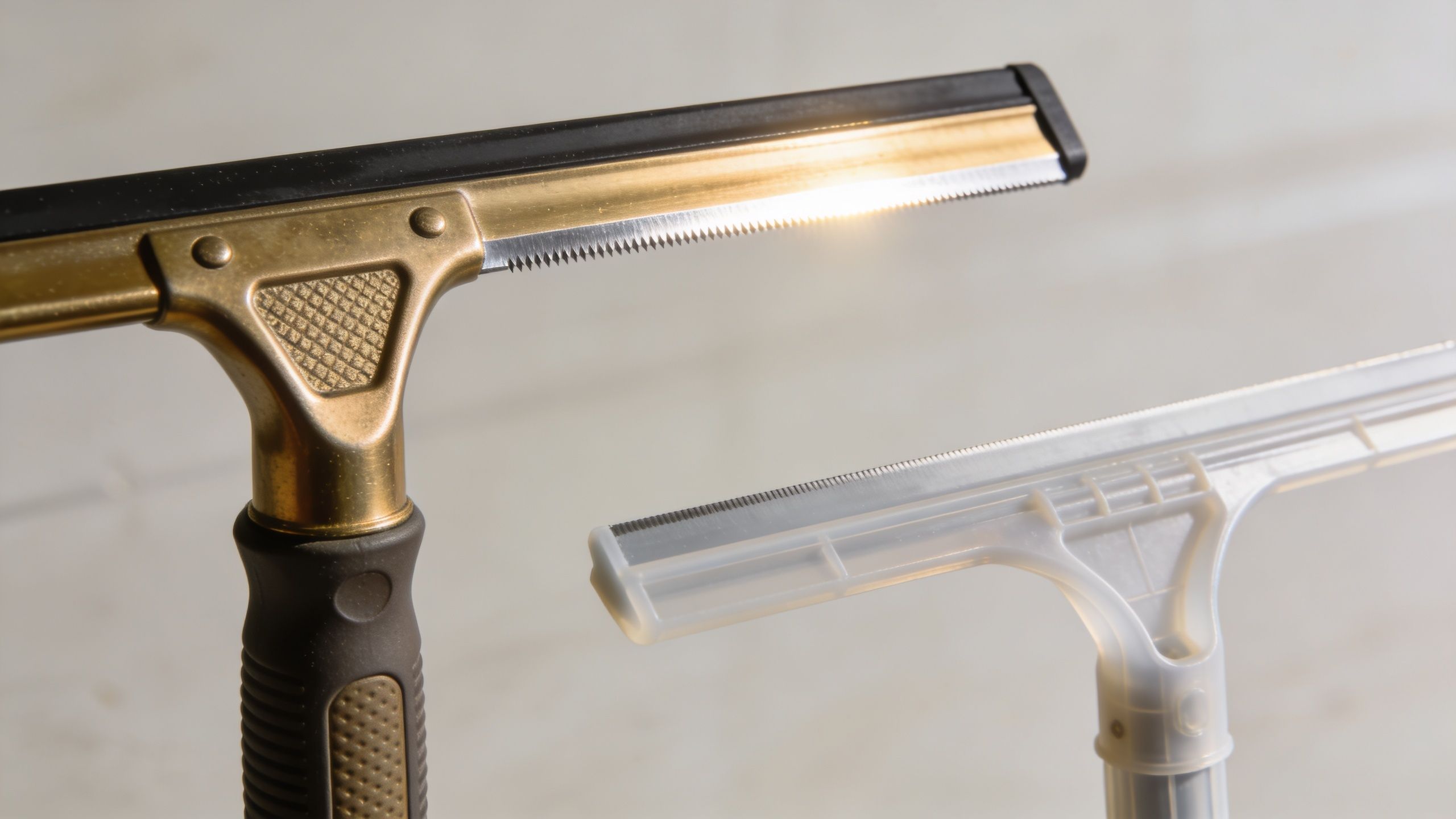 A close-up shot of a professional brass squeegee beside a standard white plastic window squeegee tool.