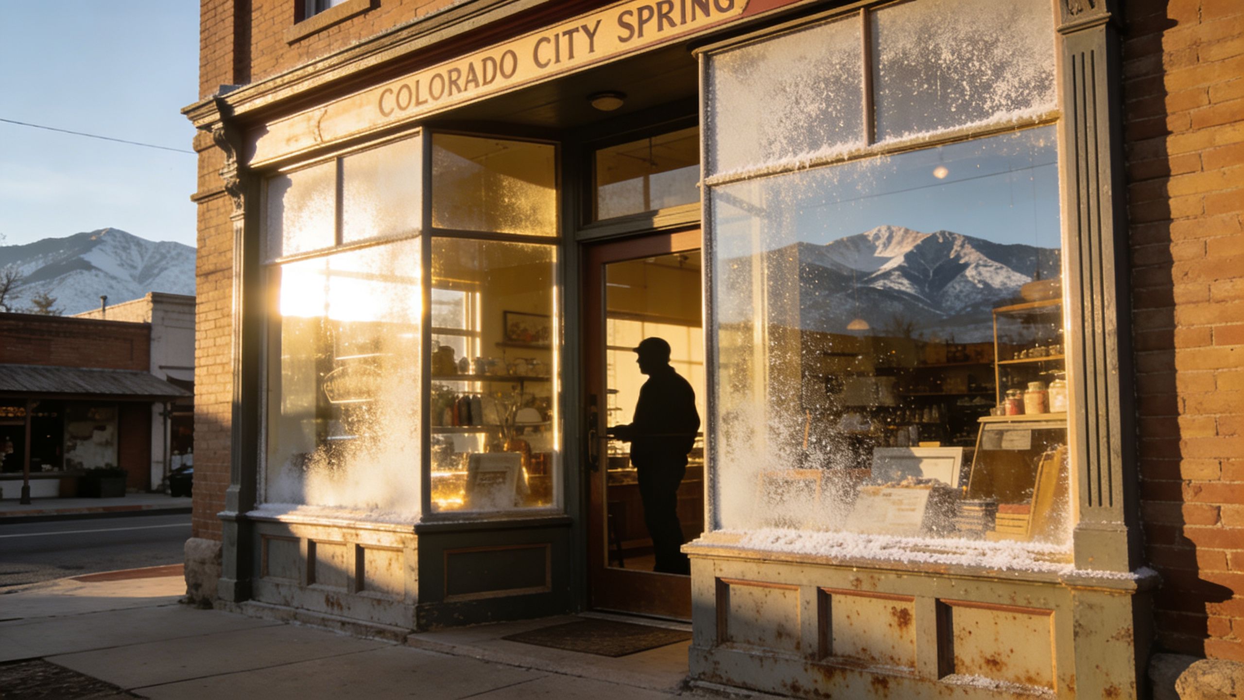 A person standing inside a sunlit shop with frosted, snow-covered windows looking out towards mountain peaks.