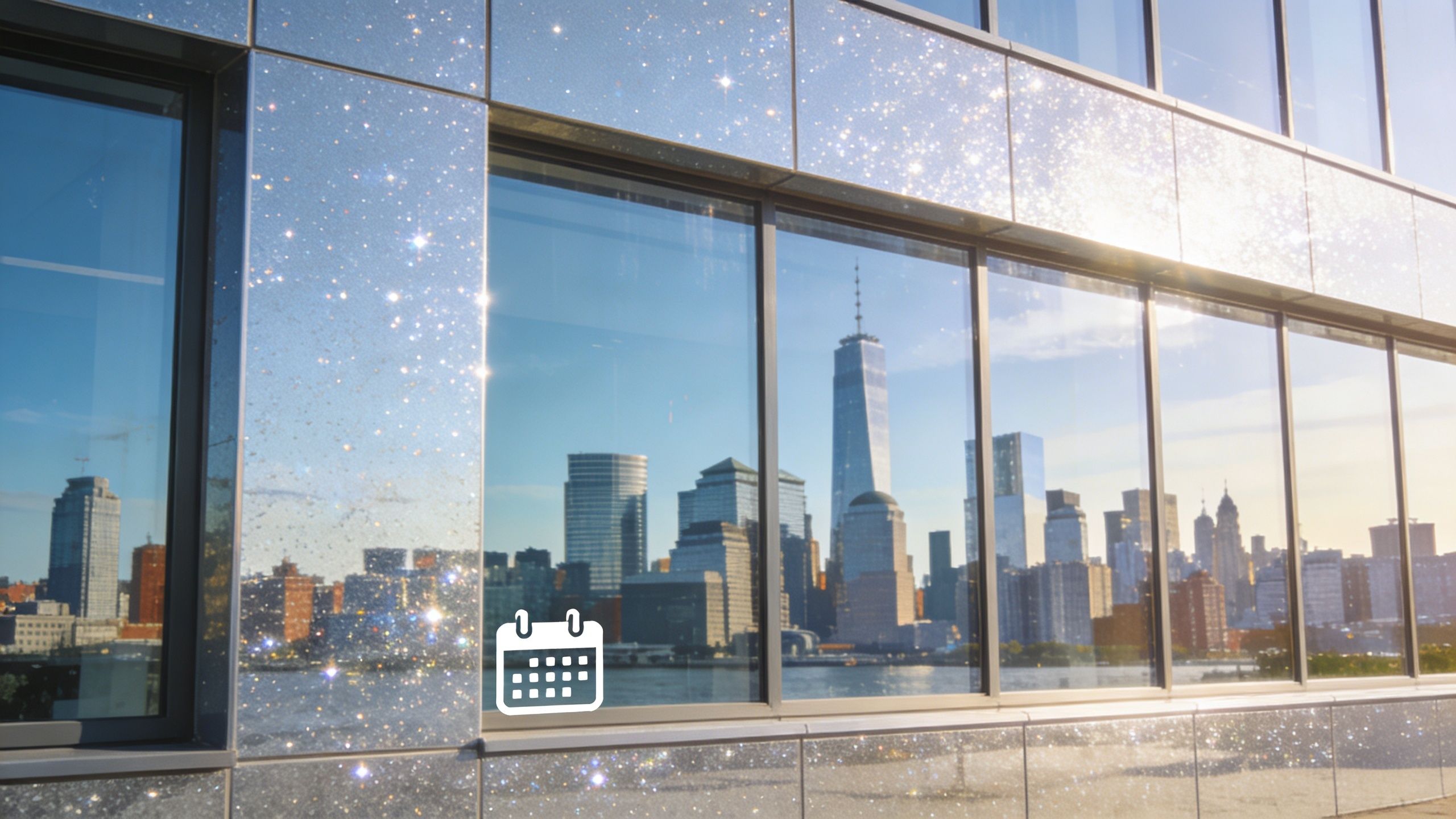 A sparkling modern office building facade reflecting the New York City skyline with a calendar icon overlay.