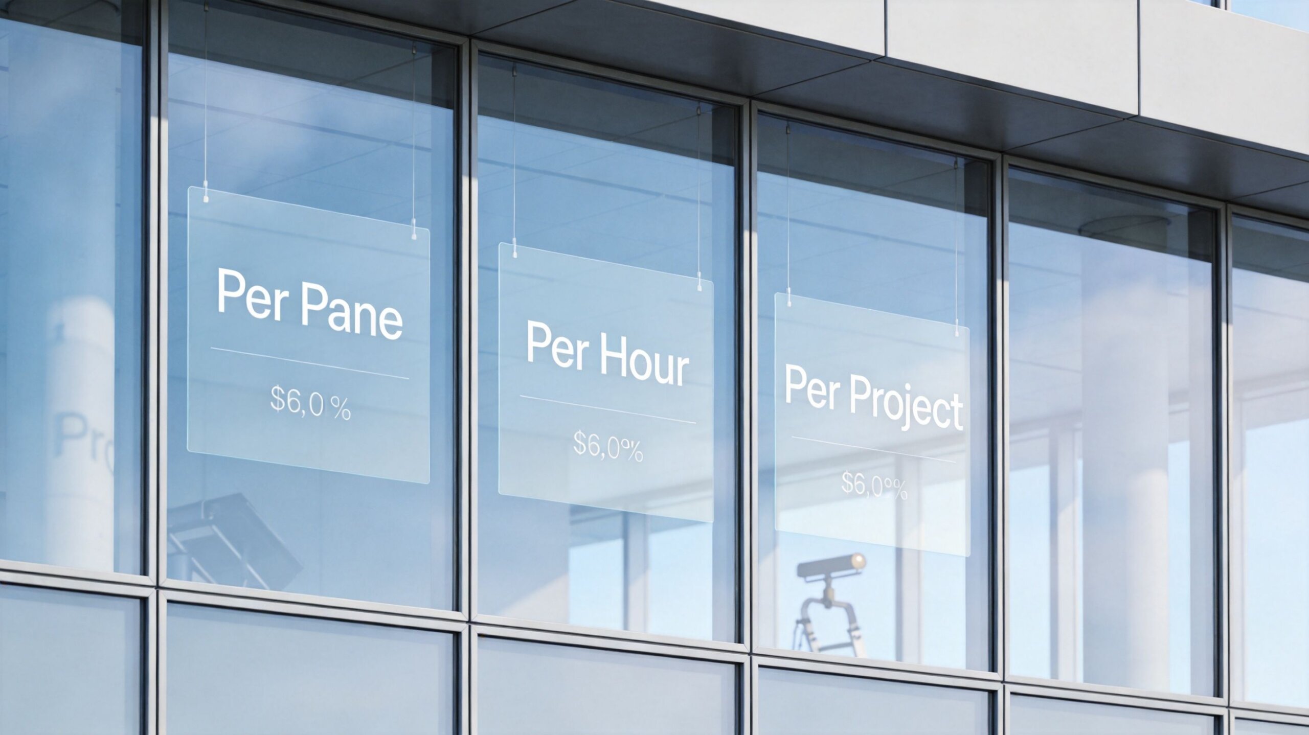 Three glass signs hanging on a modern building window displaying commercial window cleaning rates per pane, hour, and project.