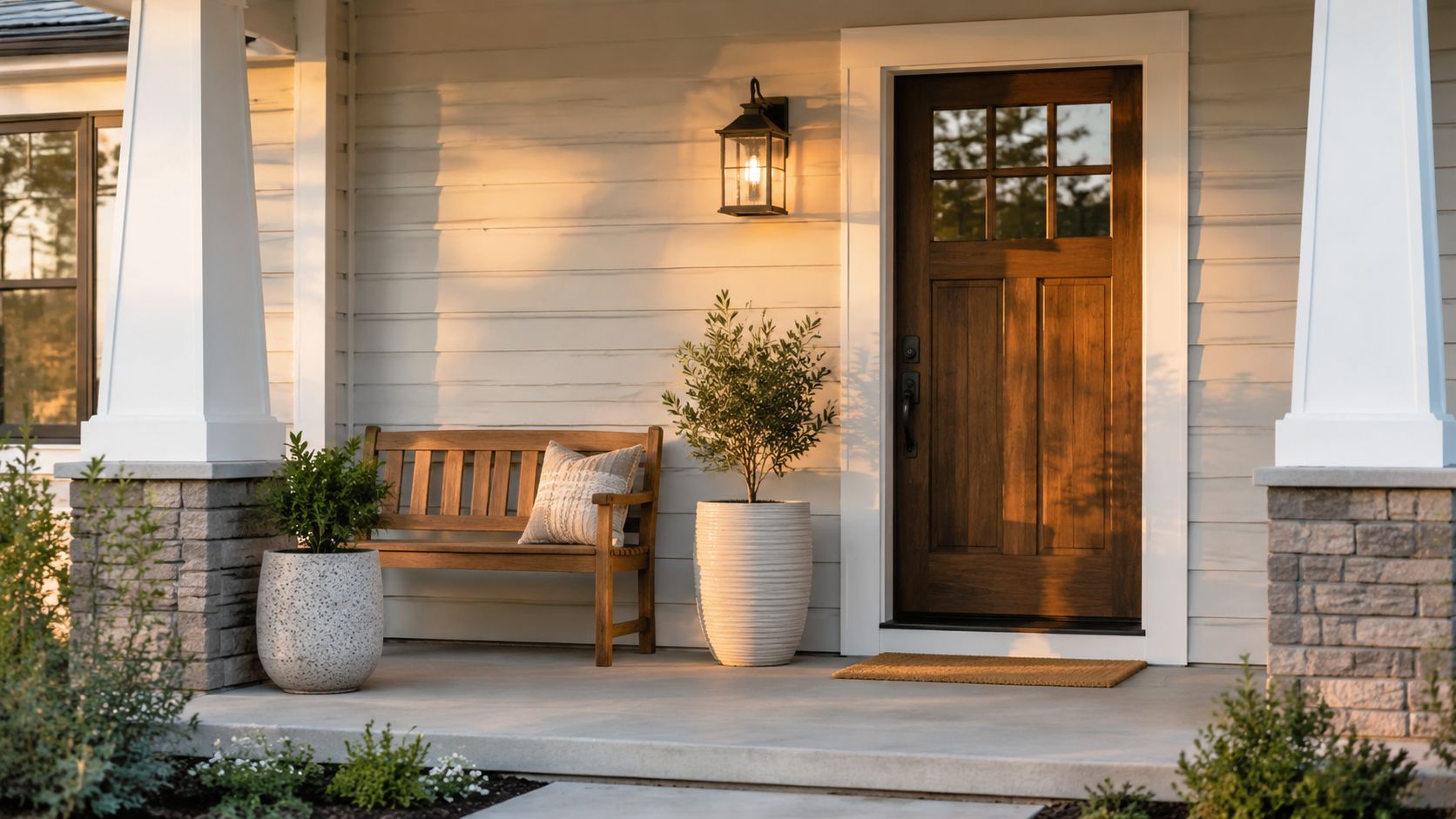 A welcoming front porch featuring a wooden bench, potted plants, and a stained glass-panel front door.