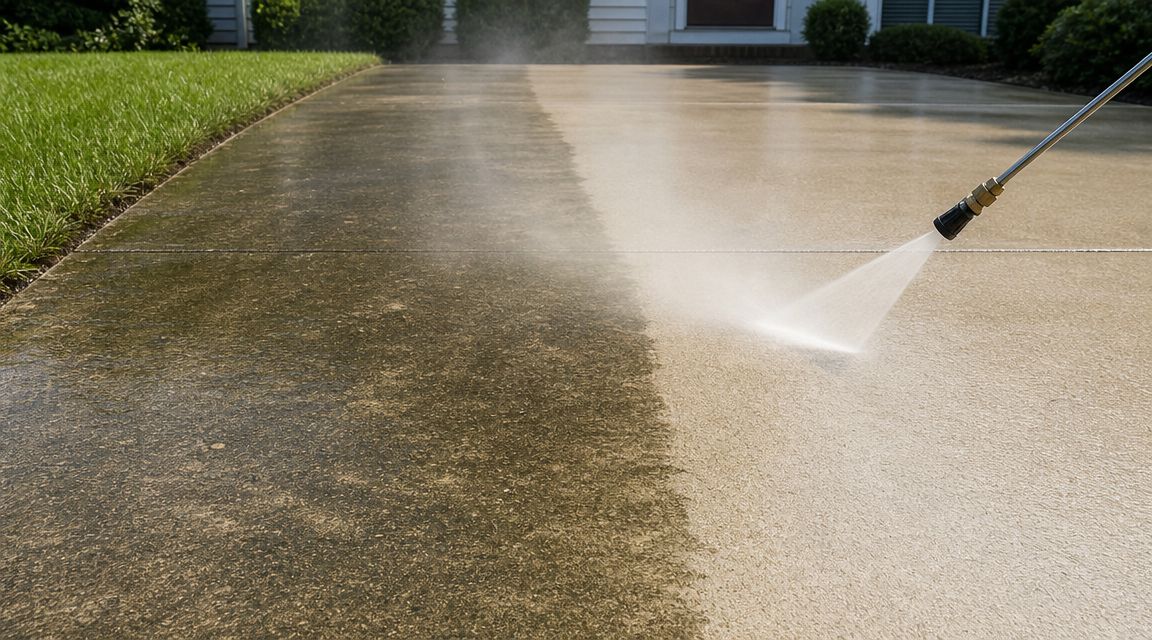 A power washer cleaning a dirty concrete driveway to improve curb appeal for residential homes